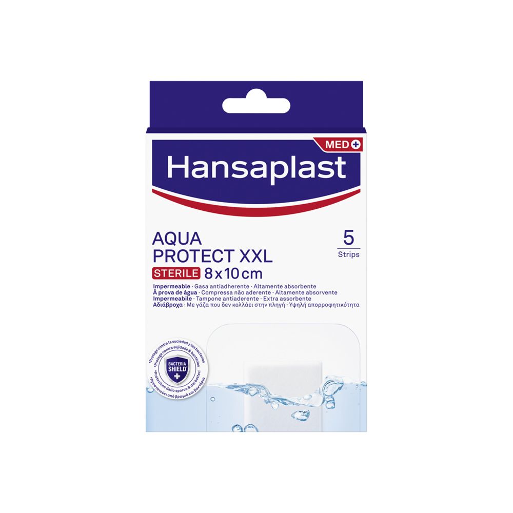 Confezione Hansaplast Aqua Protect XXL. 5 cerotti sterili 8x10cm. Confezione blu e bianca con informazioni sul prodotto.