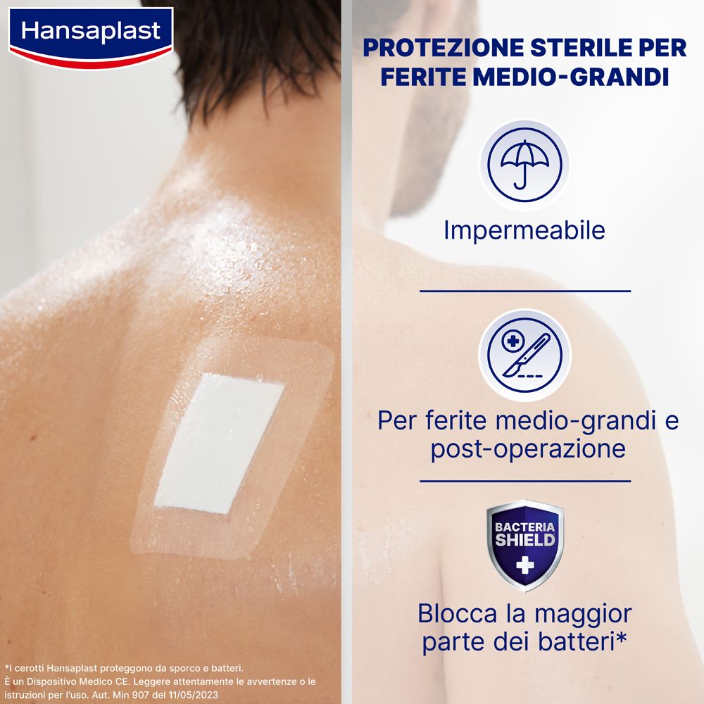 Persona con cerotto sulla schiena. Testo: Protezione per ferite medie. Protezione antibatterica. Logo Hansaplast.