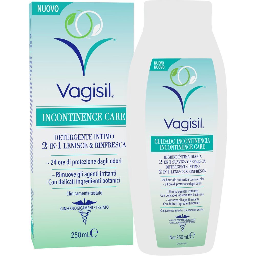 Vagisil Incontinence Care Detergente Intimo 2In1. Flacone e confezione bianchi. Testo: 2-in-1, 250 ml, dermatologicamente testato.