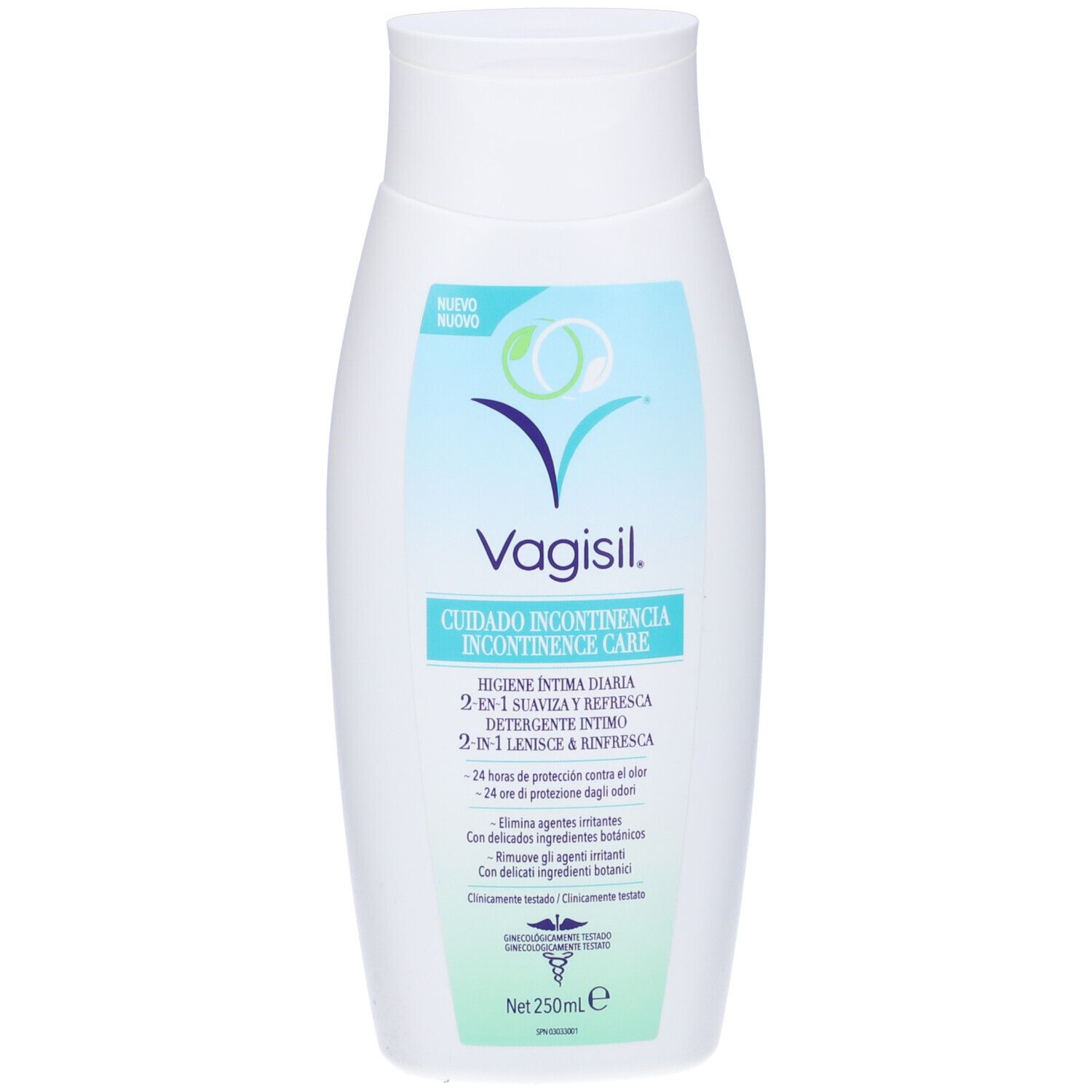Vagisil Incontinence Care Detergente Intimo 2In1. Flacone bianco. Testo: 2-in-1, 250 ml, dermatologicamente testato.