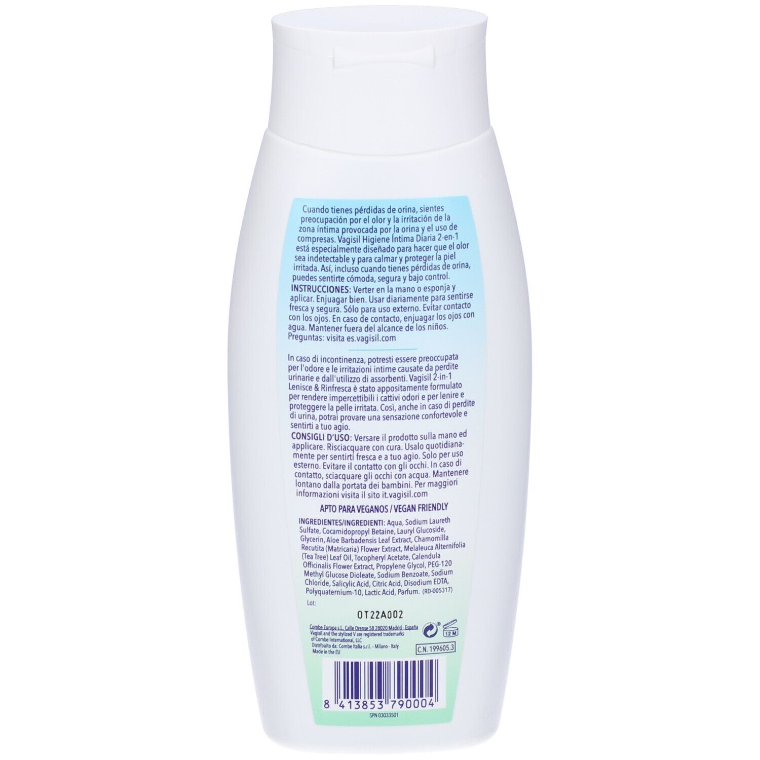 Vagisil Incontinence Care Detergente Intimo 2In1. Flacone bianco. Retro con testo. Ingredienti e istruzioni per l'uso.