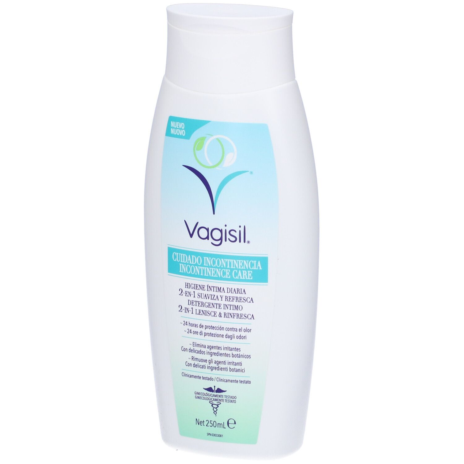 Vagisil Incontinence Care Detergente Intimo 2In1. Flacone bianco. Testo: 2-in-1, 250 ml, dermatologicamente testato.