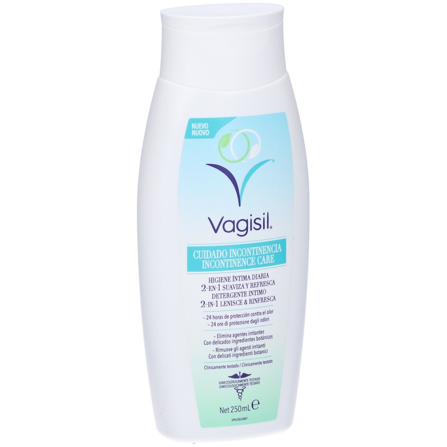 Vagisil Incontinence Care Detergente Intimo 2In1. Flacone bianco. Testo: 2-in-1, 250 ml, dermatologicamente testato.