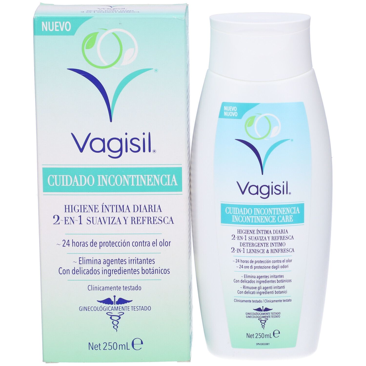 Vagisil Incontinence Care Detergente Intimo 2In1. Flacone e confezione bianchi. Testo: 2-in-1, 250 ml, dermatologicamente testato.