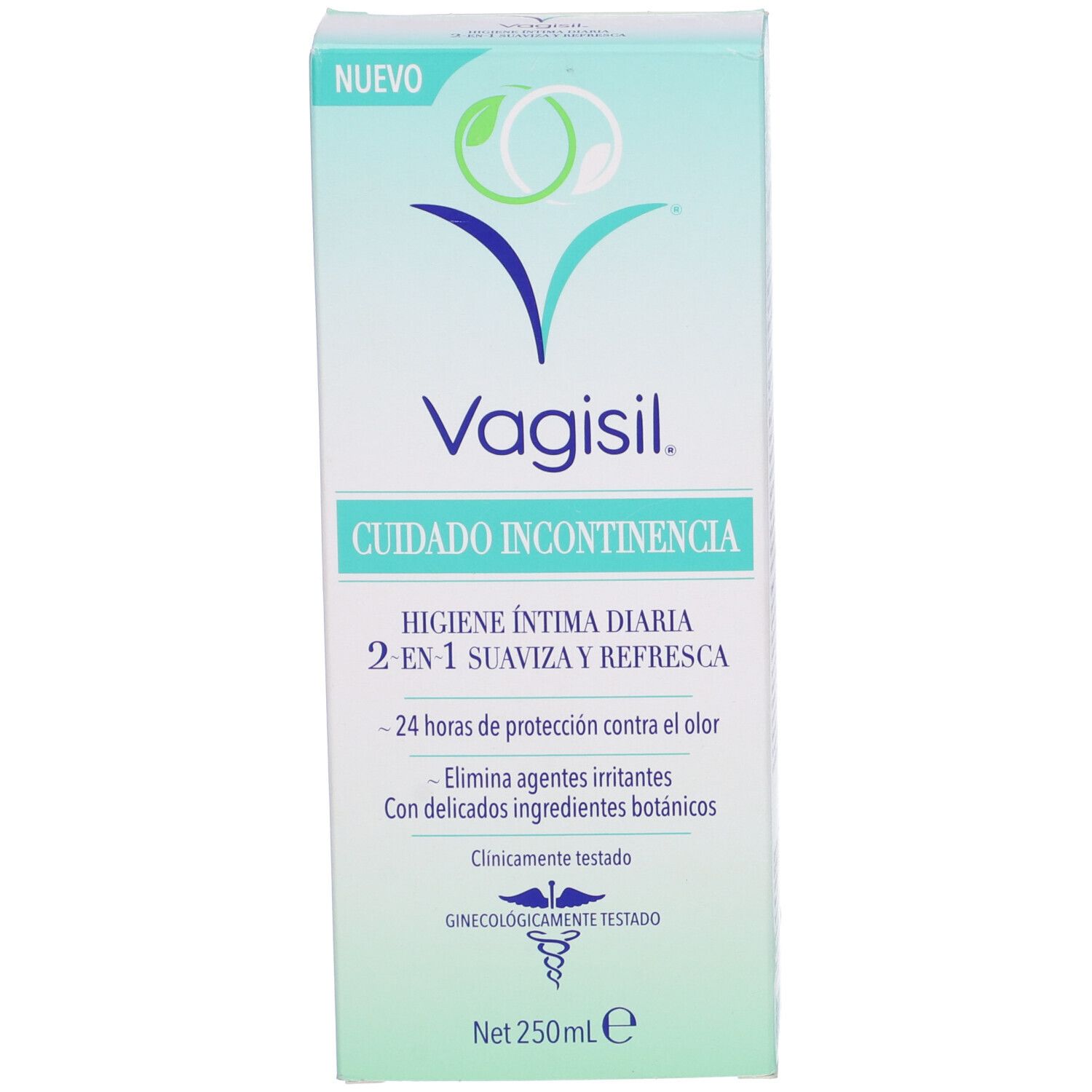 Vagisil Incontinence Care Detergente Intimo 2In1. Confezione bianca. Testo: 2-in-1, 250 ml, dermatologicamente testato.
