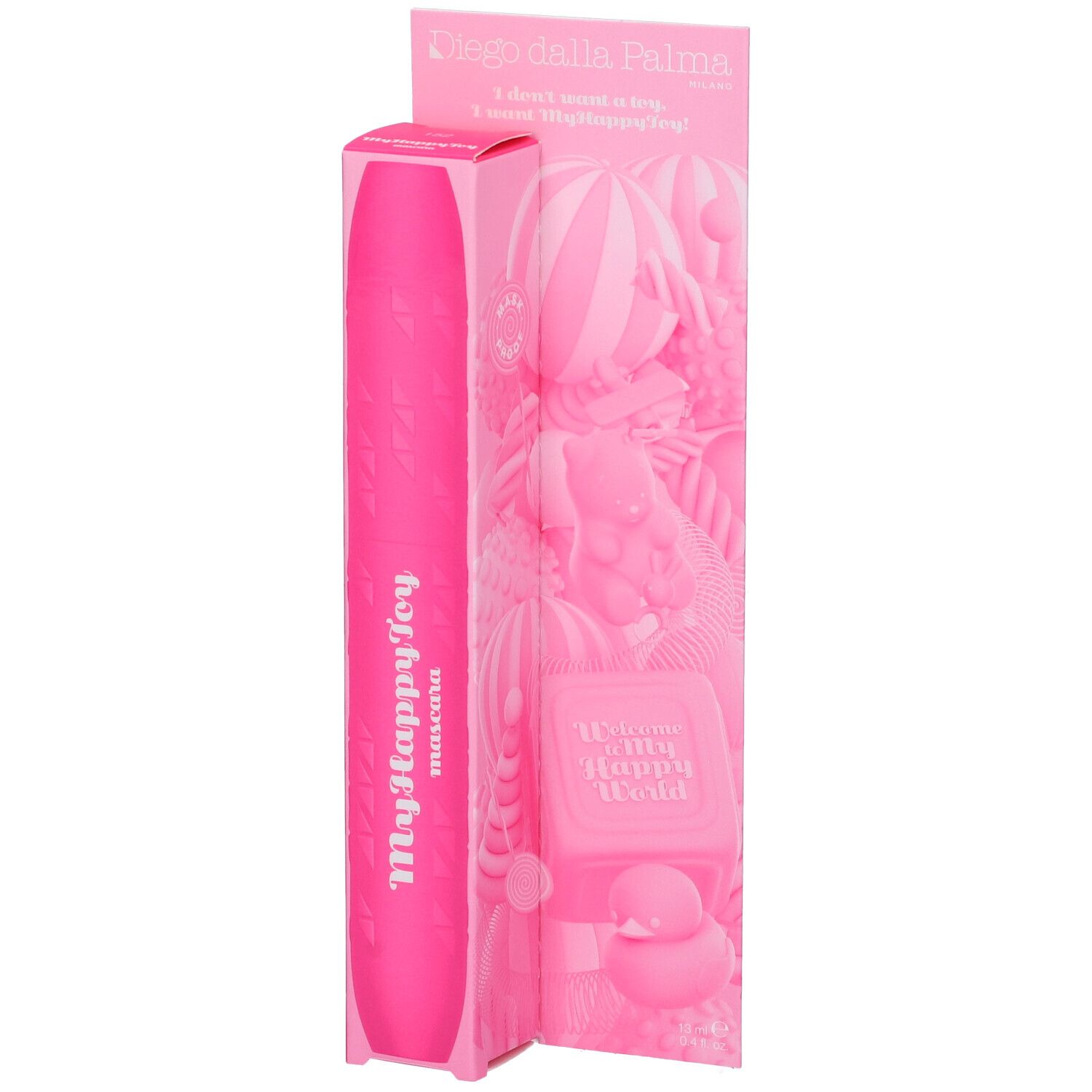 Tubo e confezione di mascara rosa. Scritta: MyHappyToy Mascara. Sulla confezione: Diego dalla Palma.