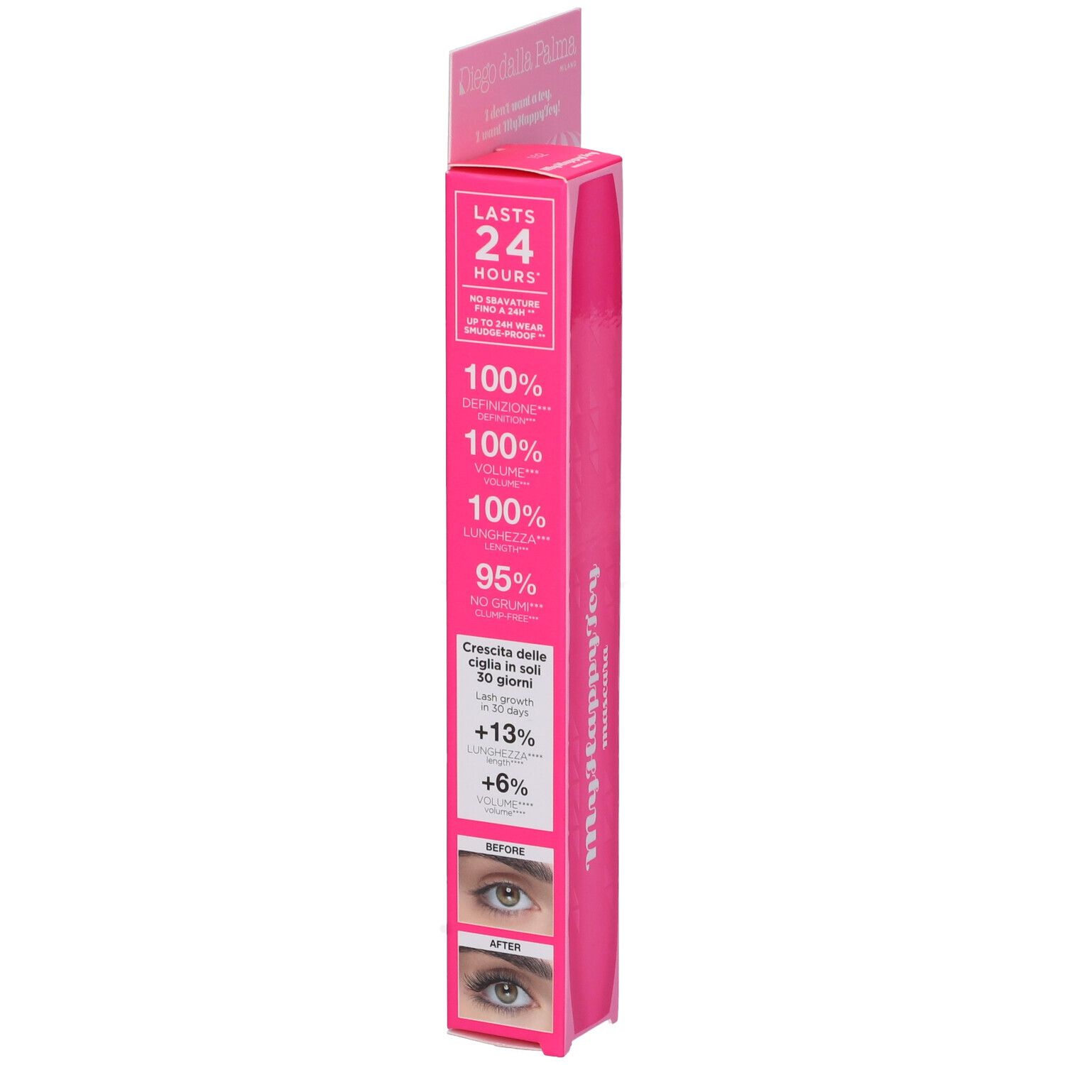 Confezione di mascara rosa. Testo: Dura 24 ore. 100% definizione, volume, lunghezza. Foto prima-dopo delle ciglia.