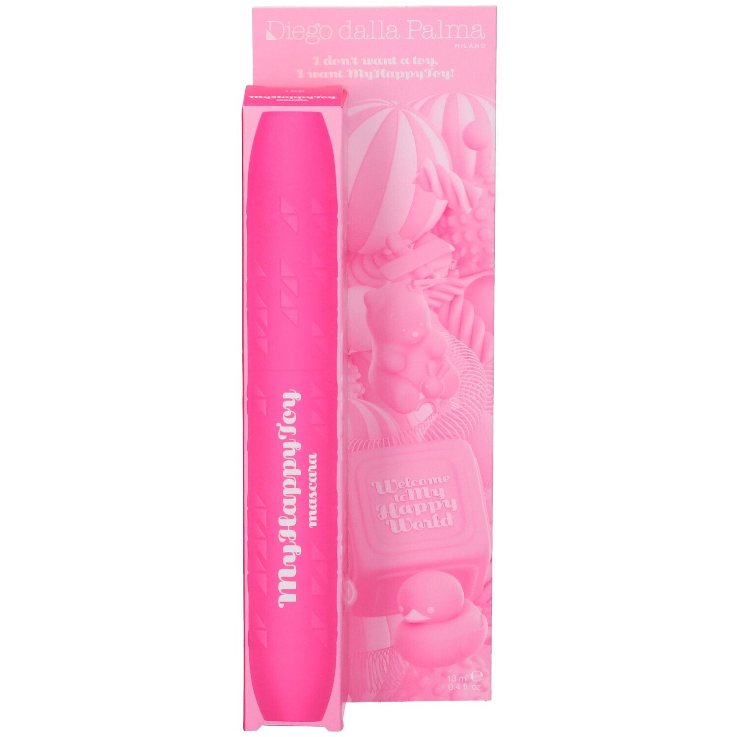 Tubo e confezione di mascara rosa. Scritta: MyHappyToy Mascara. Sulla confezione: Diego dalla Palma.