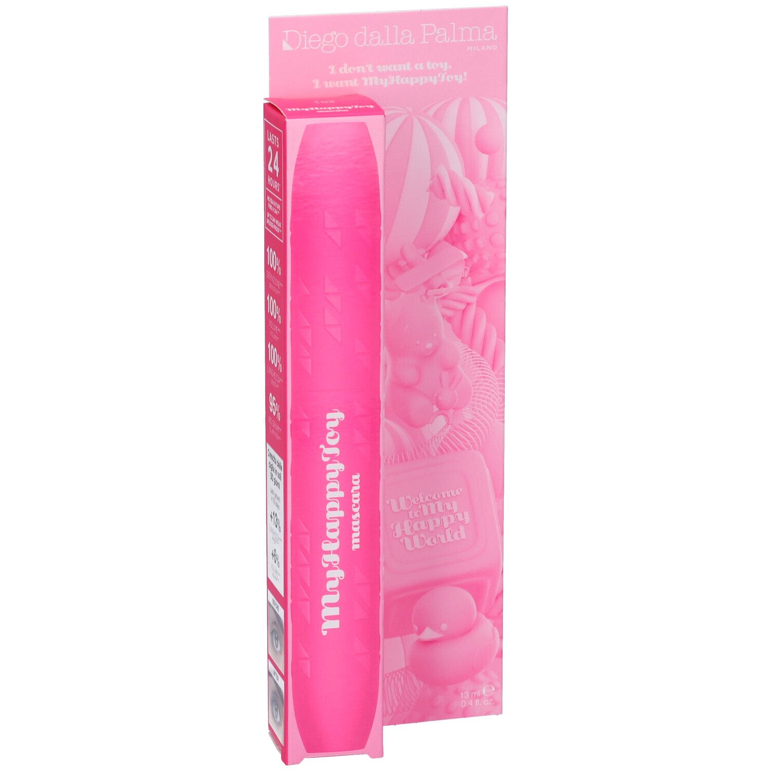 Tubo e confezione di mascara rosa. Scritta: MyHappyToy Mascara. Sulla confezione: Diego dalla Palma.
