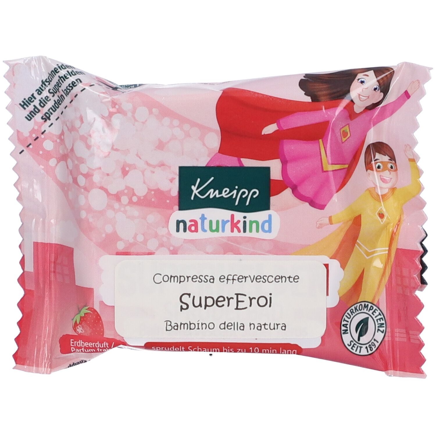 Confezione Kneipp Naturkind Compressa Effervescente Bagno Supereroi. Rosa, illustrazioni supereroi, profumo fragola.