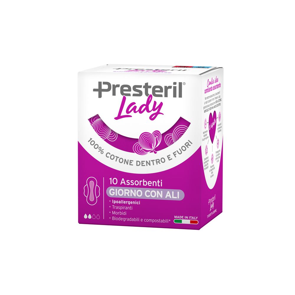 Verpackung von Lady Presteril. Aufschrift: Pura Protezione, 100% Cotone dentro e fuori. 10 Assorbenti giorno con ali.