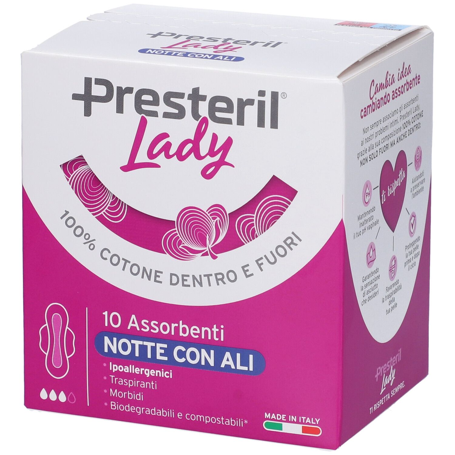 Boîte Lady Presteril. Rose et blanc, informations produit et logo. 10 serviettes de nuit absorbantes avec ailettes.