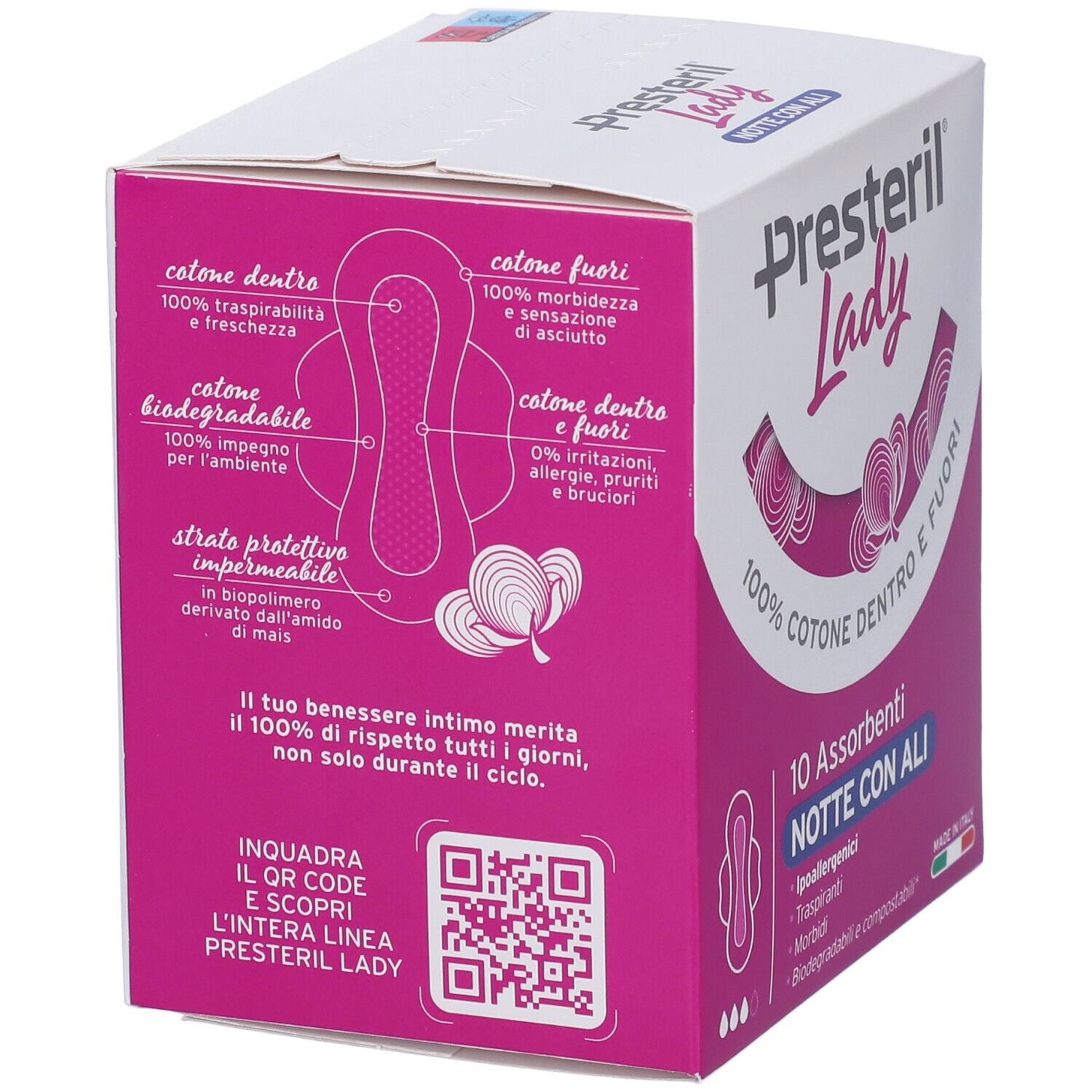 Dos de la boîte Lady Presteril. Diagramme des caractéristiques. Coton dedans et dehors. Code QR à scanner.