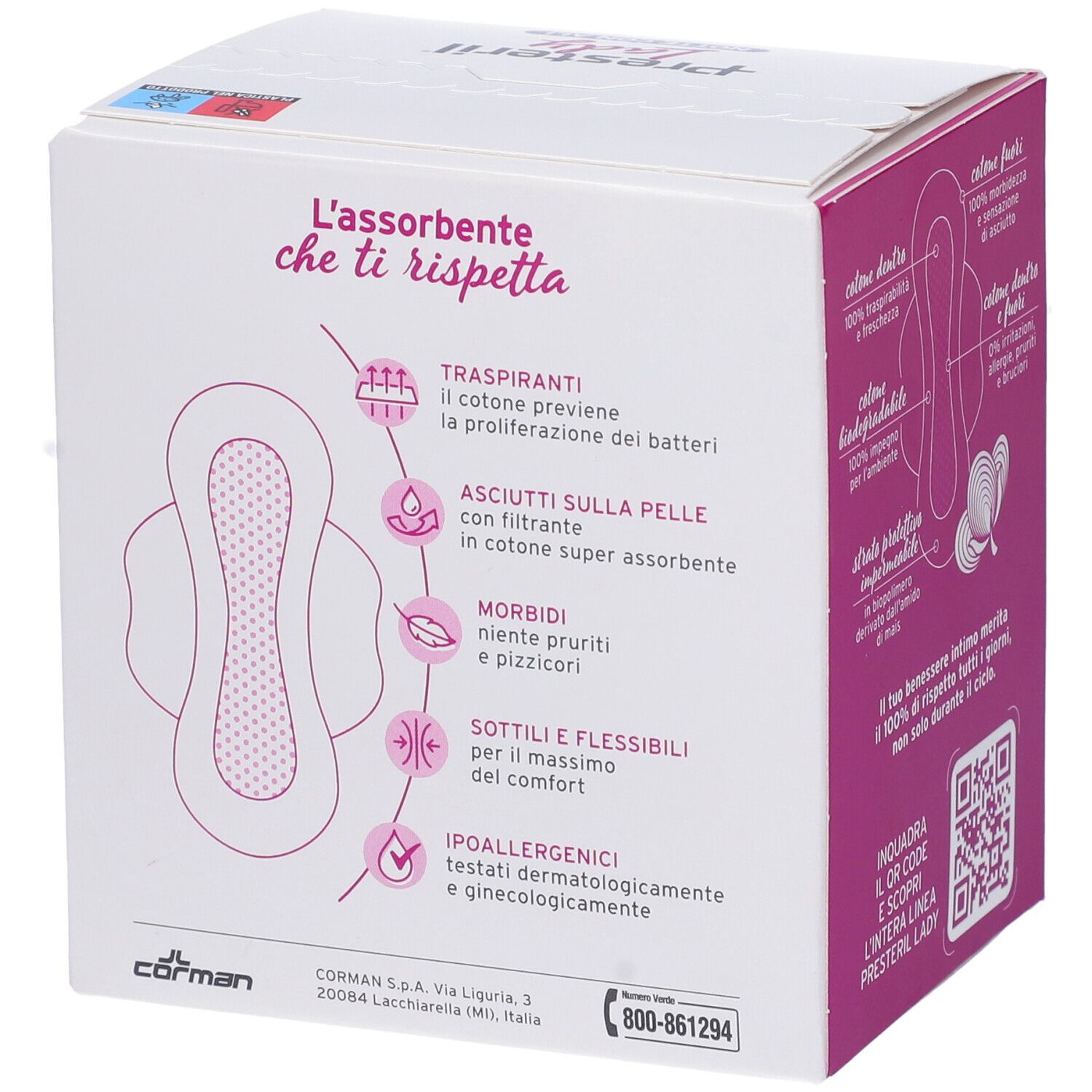Dos de la boîte Lady Presteril. Diagramme des caractéristiques. Coton dedans et dehors. Code QR à scanner.
