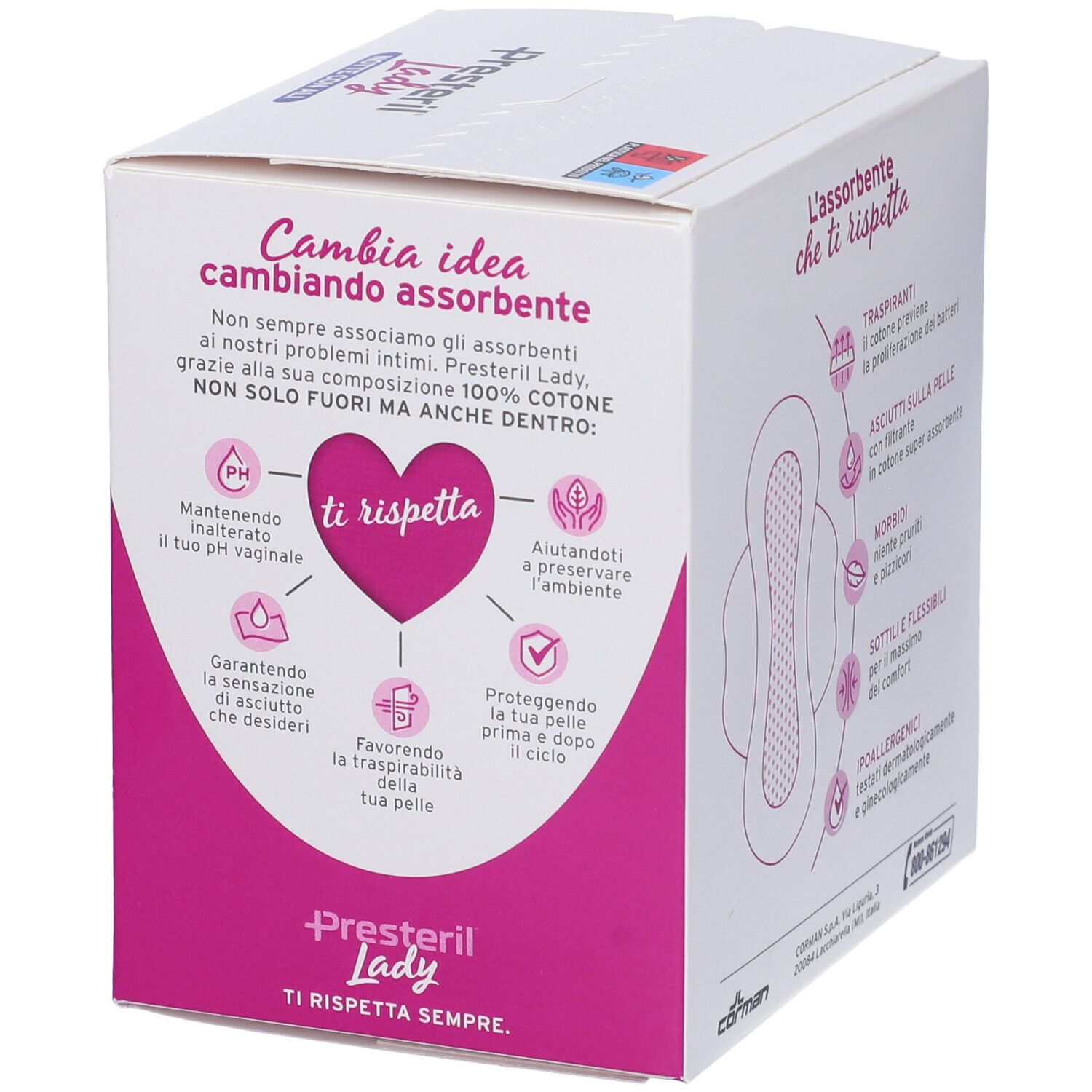 Boîte Lady Presteril. Rose et blanc, informations produit et logo. Texte : Changez votre façon d'absorber.