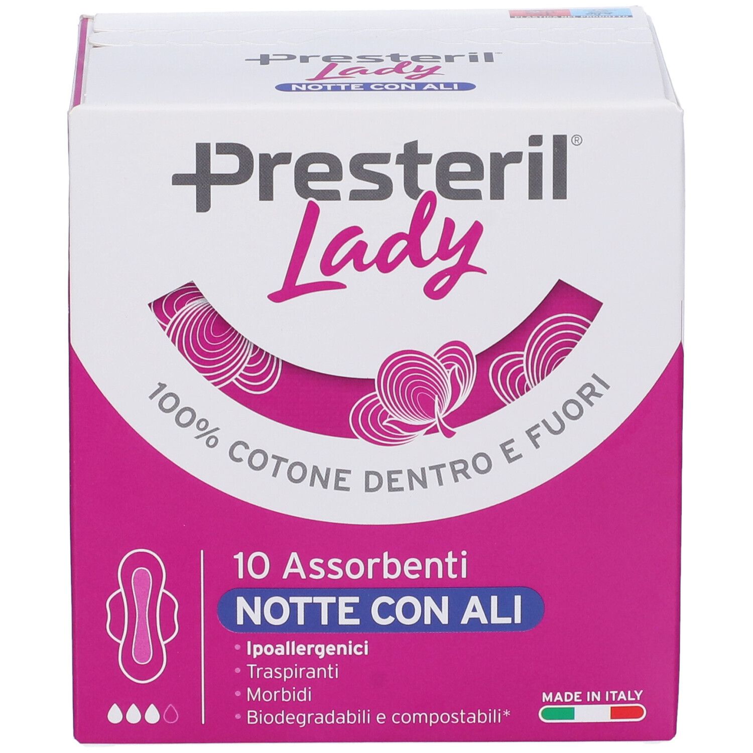Boîte Lady Presteril. Rose et blanc, informations produit et logo. 10 serviettes de nuit absorbantes avec ailettes.