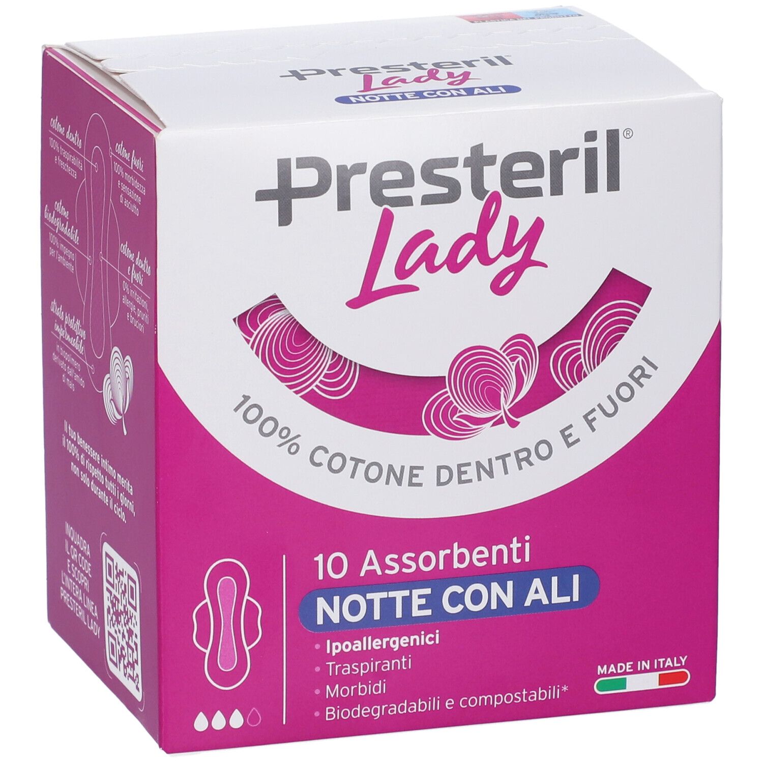 Boîte Lady Presteril. Rose et blanc, informations produit et logo. 10 serviettes de nuit absorbantes avec ailettes.