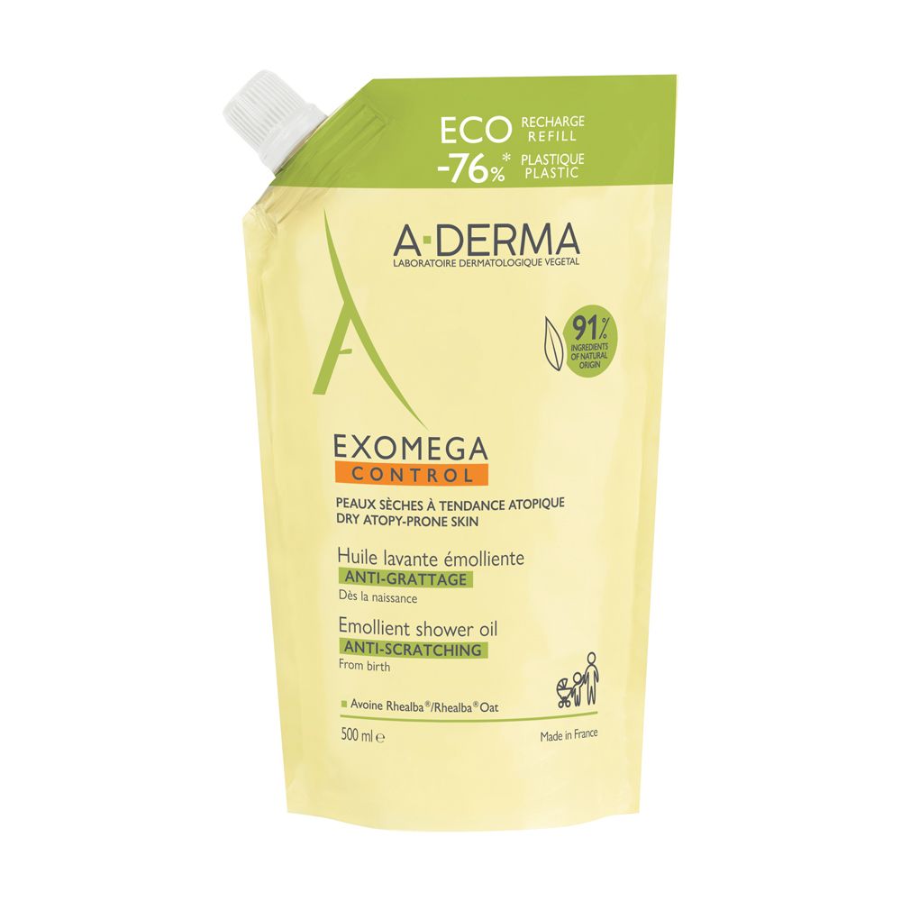 A-Derma Exomega Control Olio lavante emolliente Eco-ricarica 500ml - Pelle secca a tendenza atopica, Detergente lenitivo