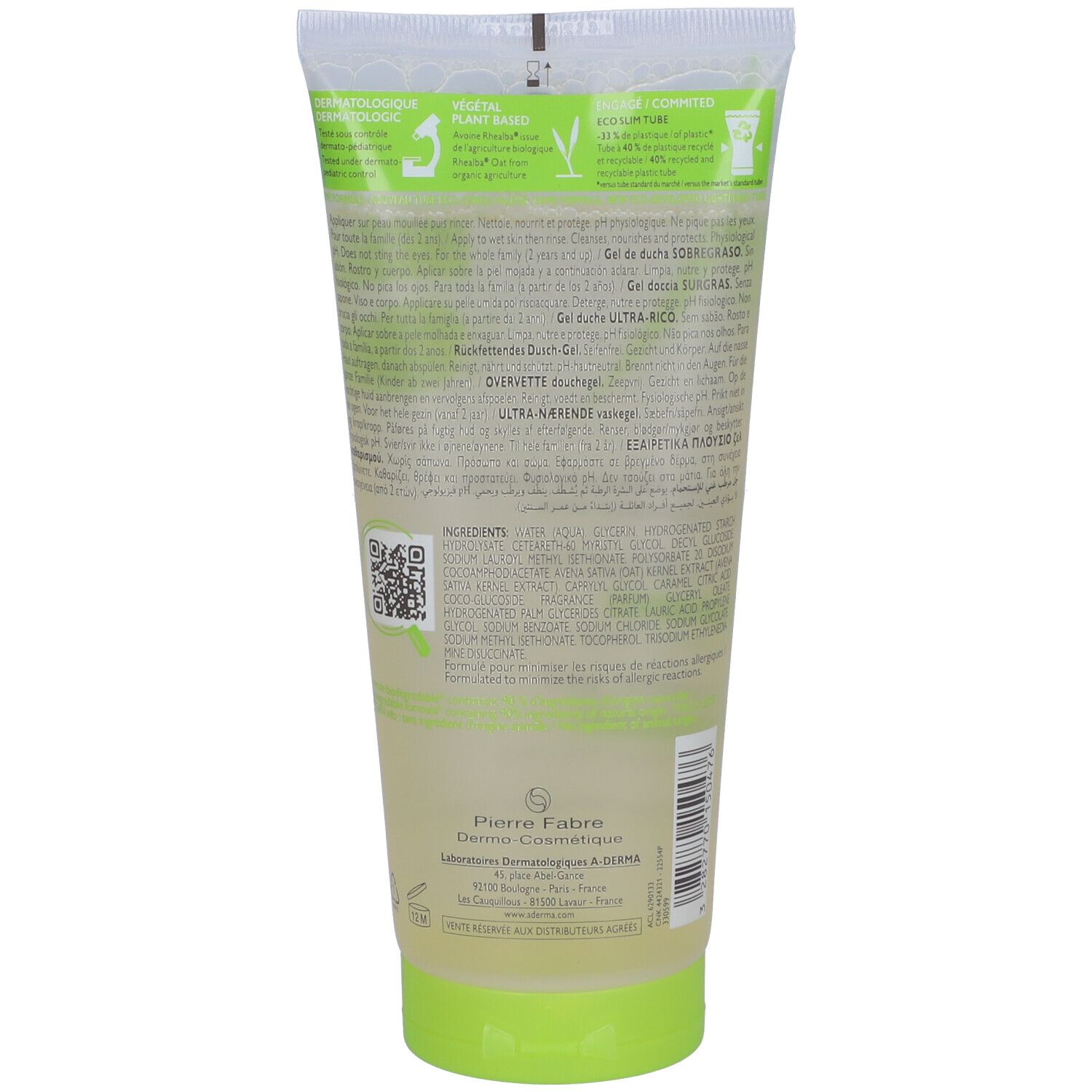 Tubo trasparente con tappo verde. Testo sul tubo, incluso il logo Pierre Fabre.