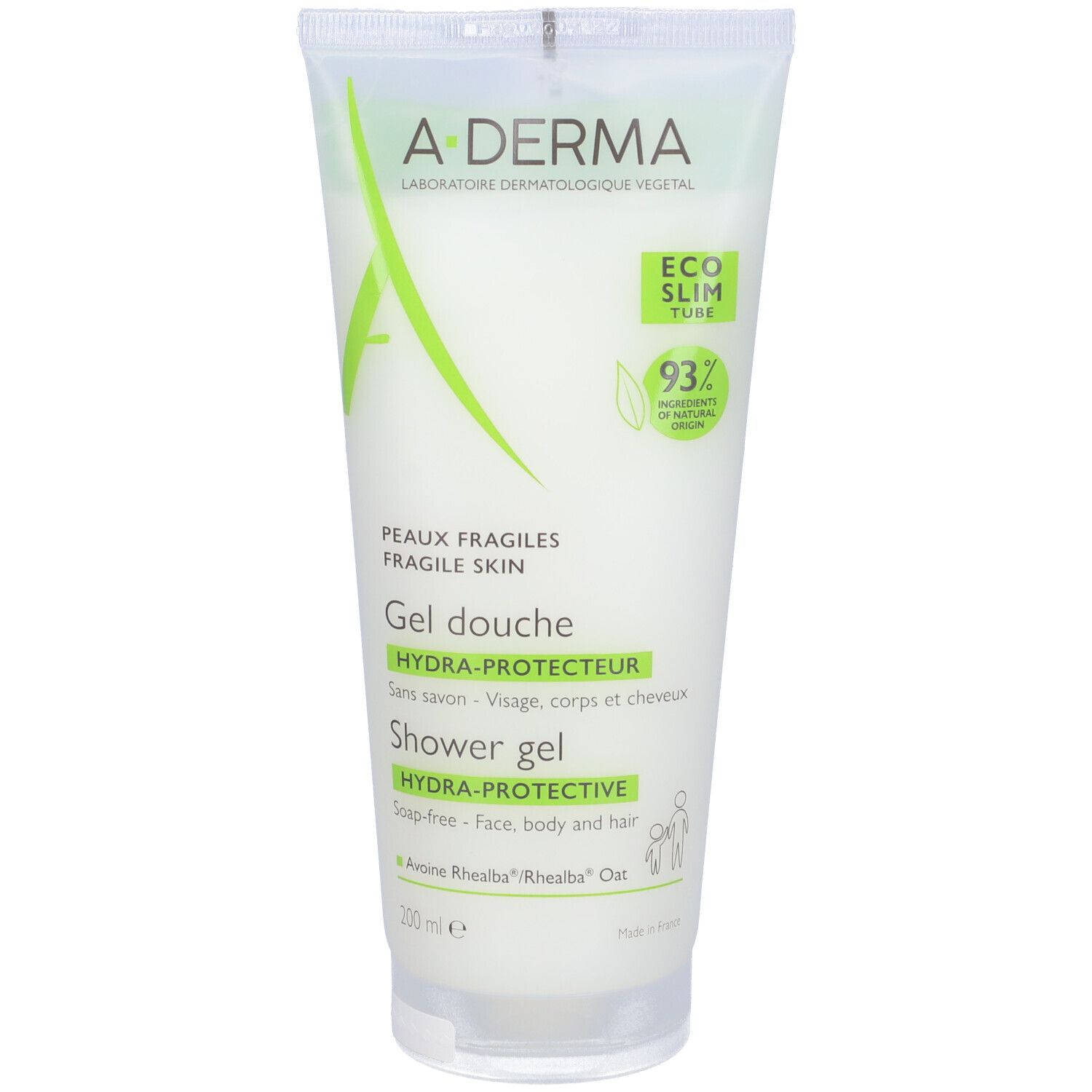 A-DERMA Gel Doccia Hydra-protettivo. Tubo bianco con scritte verdi. Contiene il 93% di ingredienti di origine naturale. Per pelli fragili.