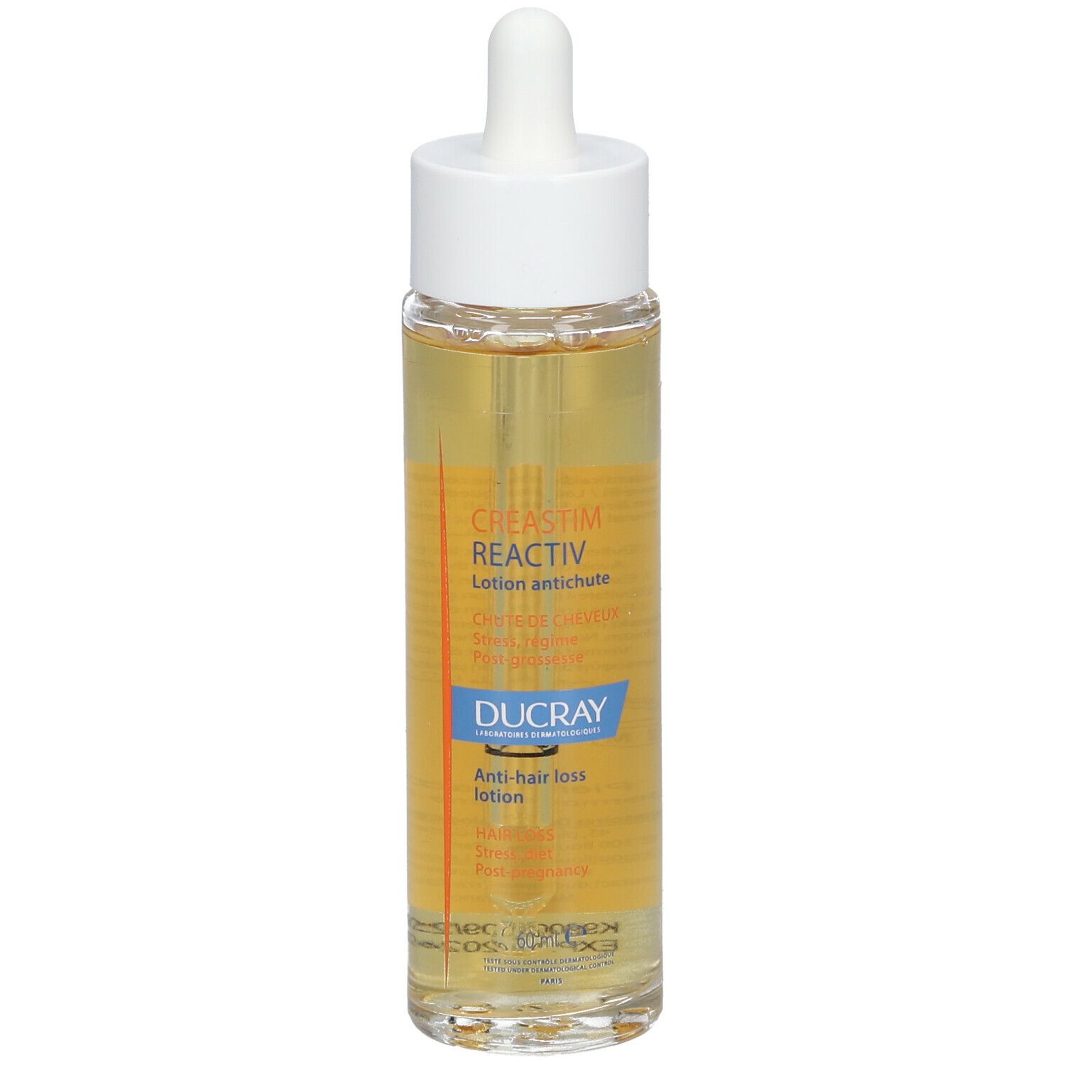 Flacone DUCRAY Creastim Reactiv con contagocce. Scritta: Lozione anticaduta.