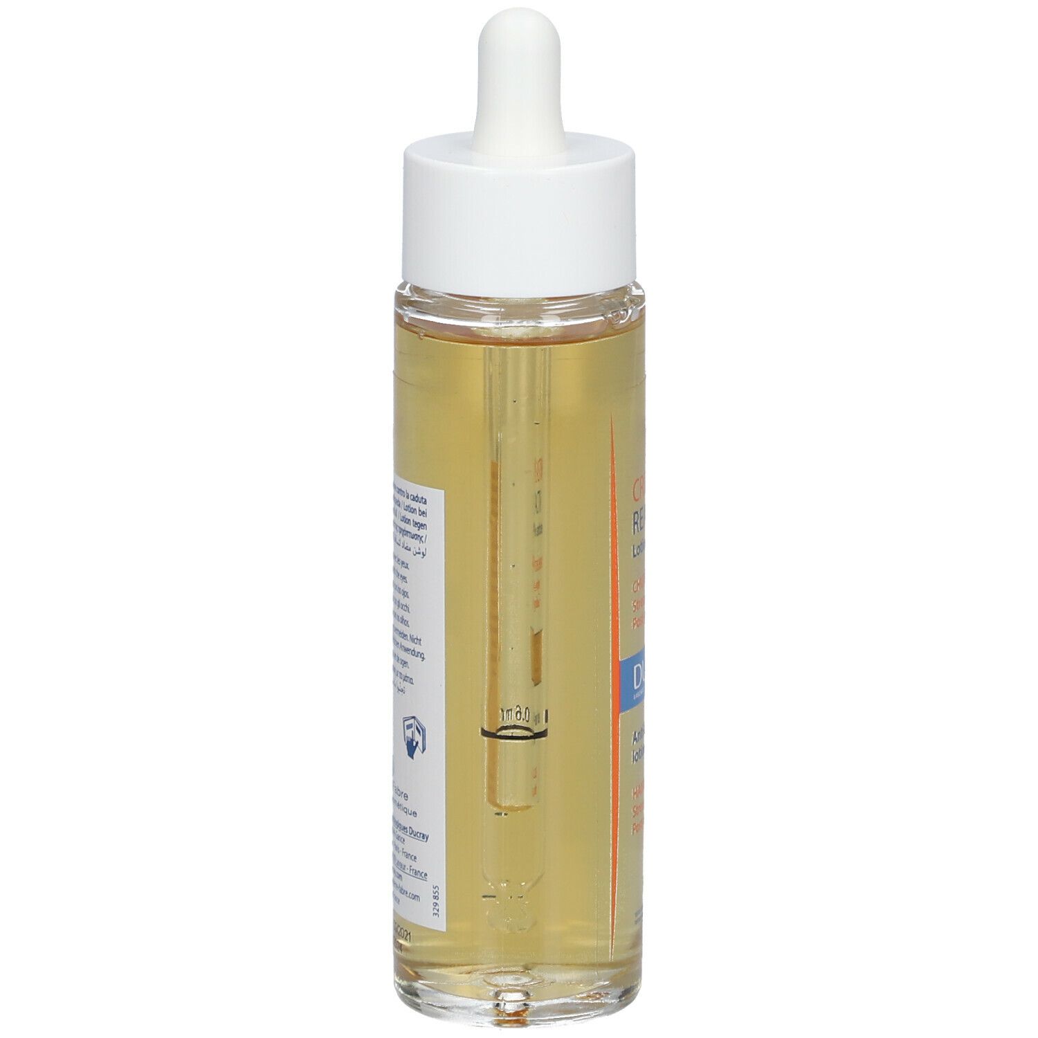 Flacone DUCRAY Creastim Reactiv, vista laterale. Con contagocce e scala.