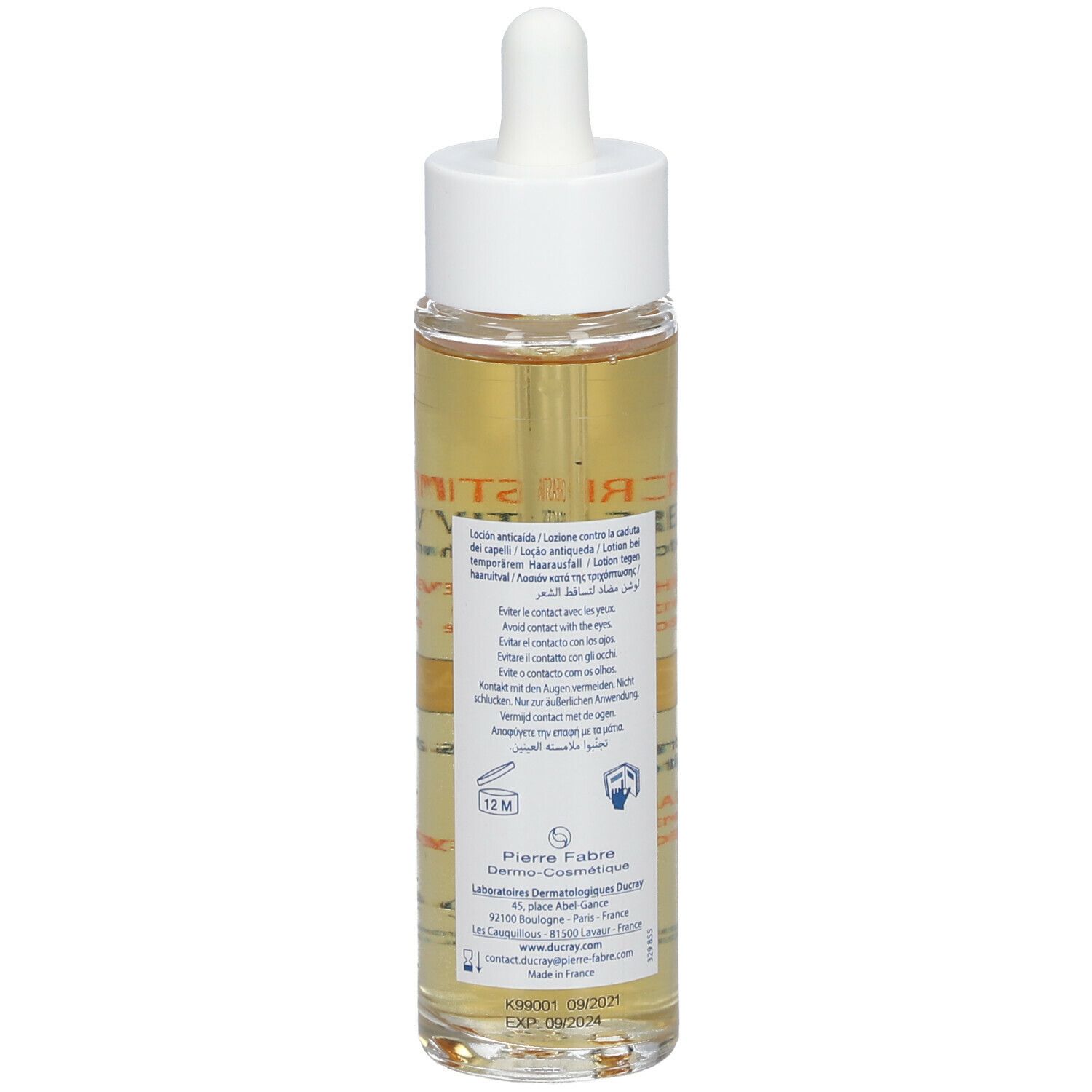 Retro del flacone DUCRAY Creastim Reactiv. Testo multilingue, informazioni produttore.