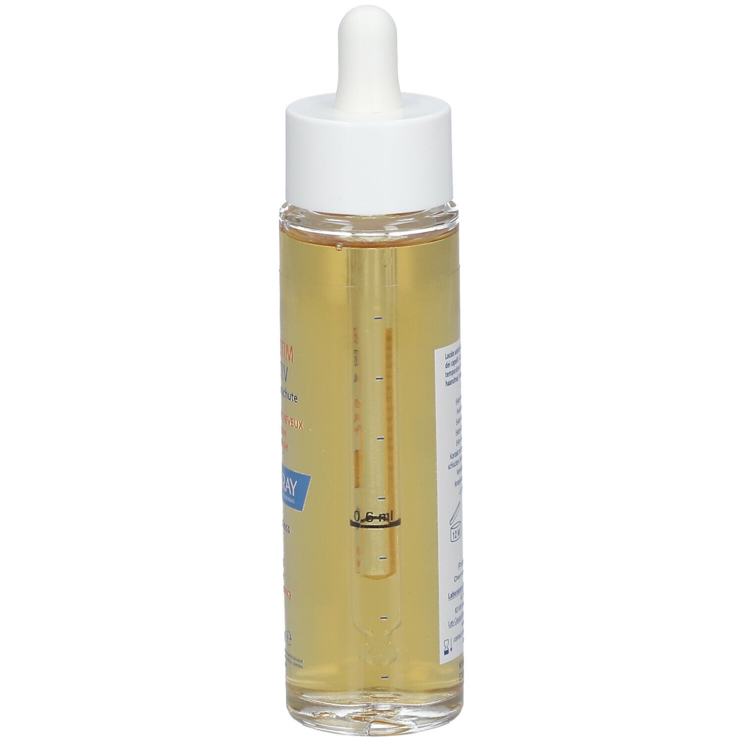 Flacone DUCRAY Creastim Reactiv, vista laterale con contagocce e scala.