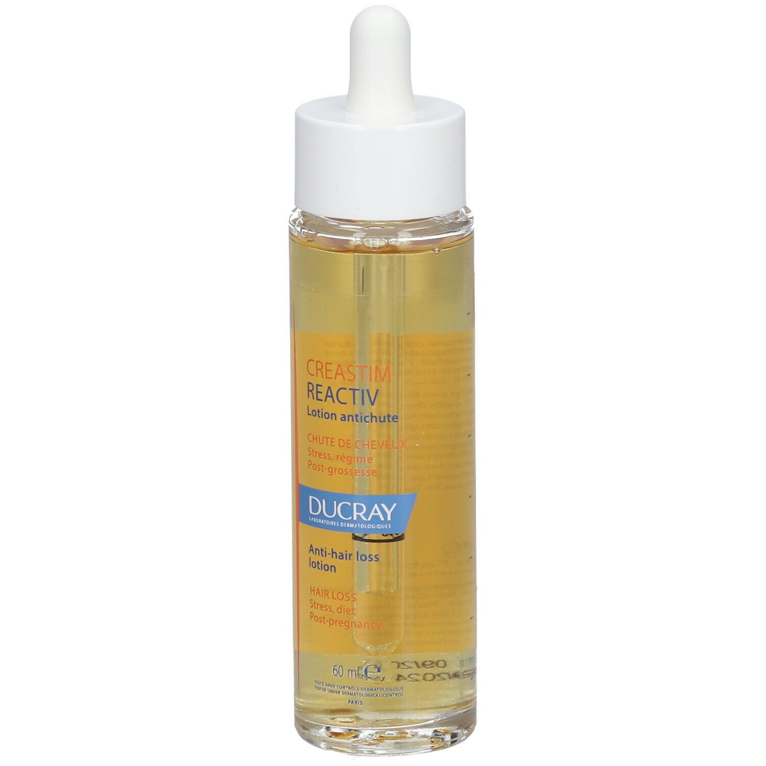 Flacone DUCRAY Creastim Reactiv con contagocce. Scritta: Lozione anticaduta.