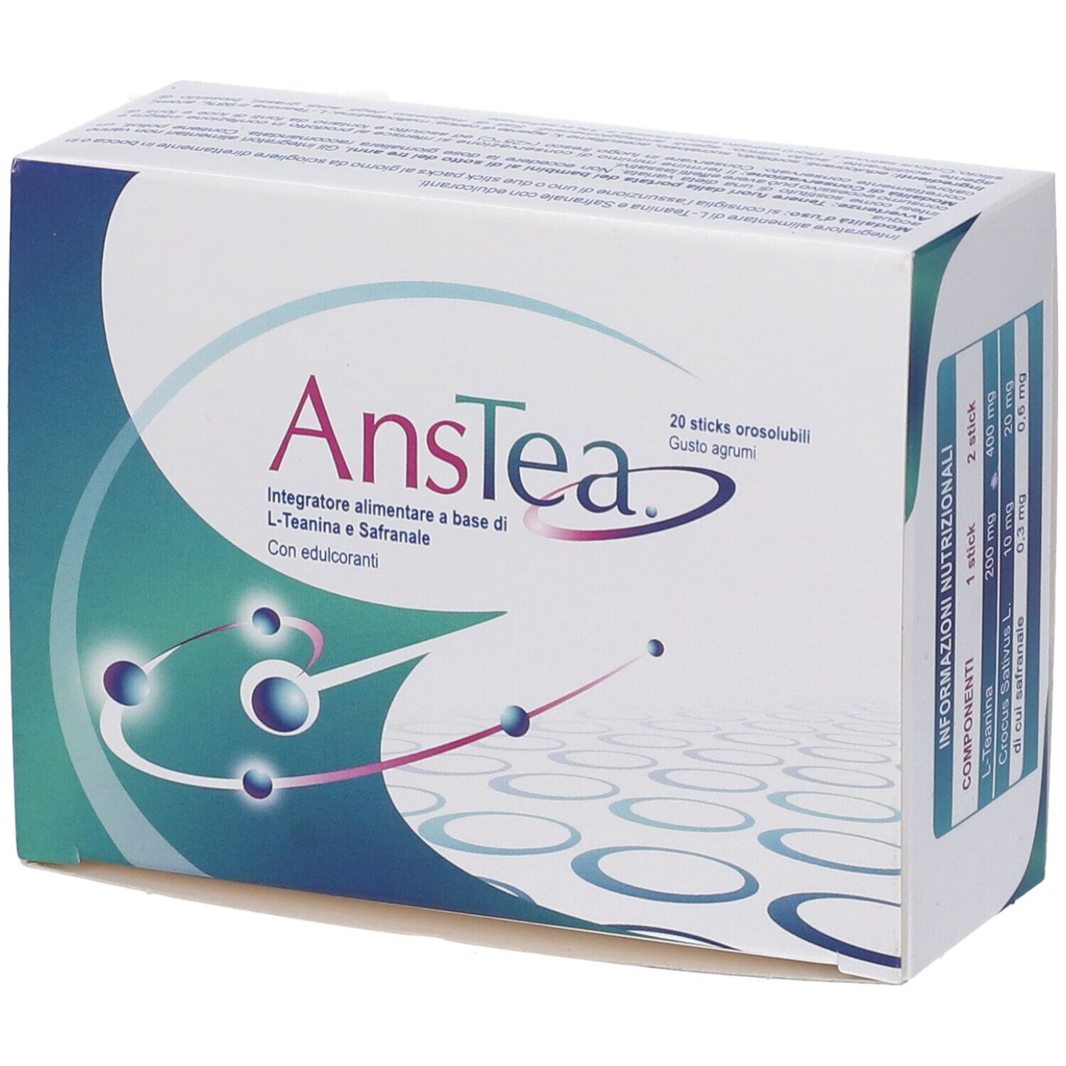 Scatola "Anstea" con 20 stick orosolubili. Contiene L-Teanina e Zafferano. Gusto agrumi. Informazioni nutrizionali e logo.
