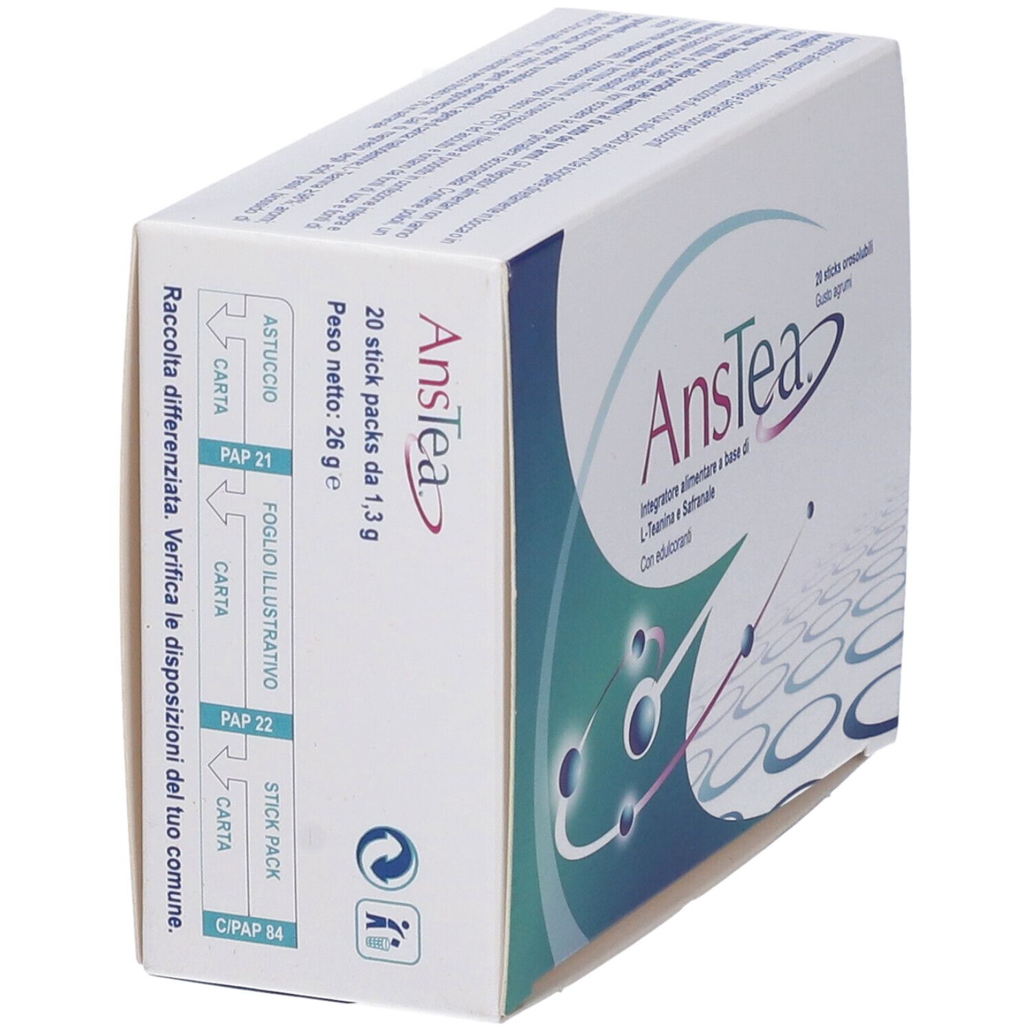 Scatola "Anstea" con 20 stick. Peso netto: 26 g. Istruzioni per il riciclo e codice QR. Contiene L-Teanina e Zafferano.