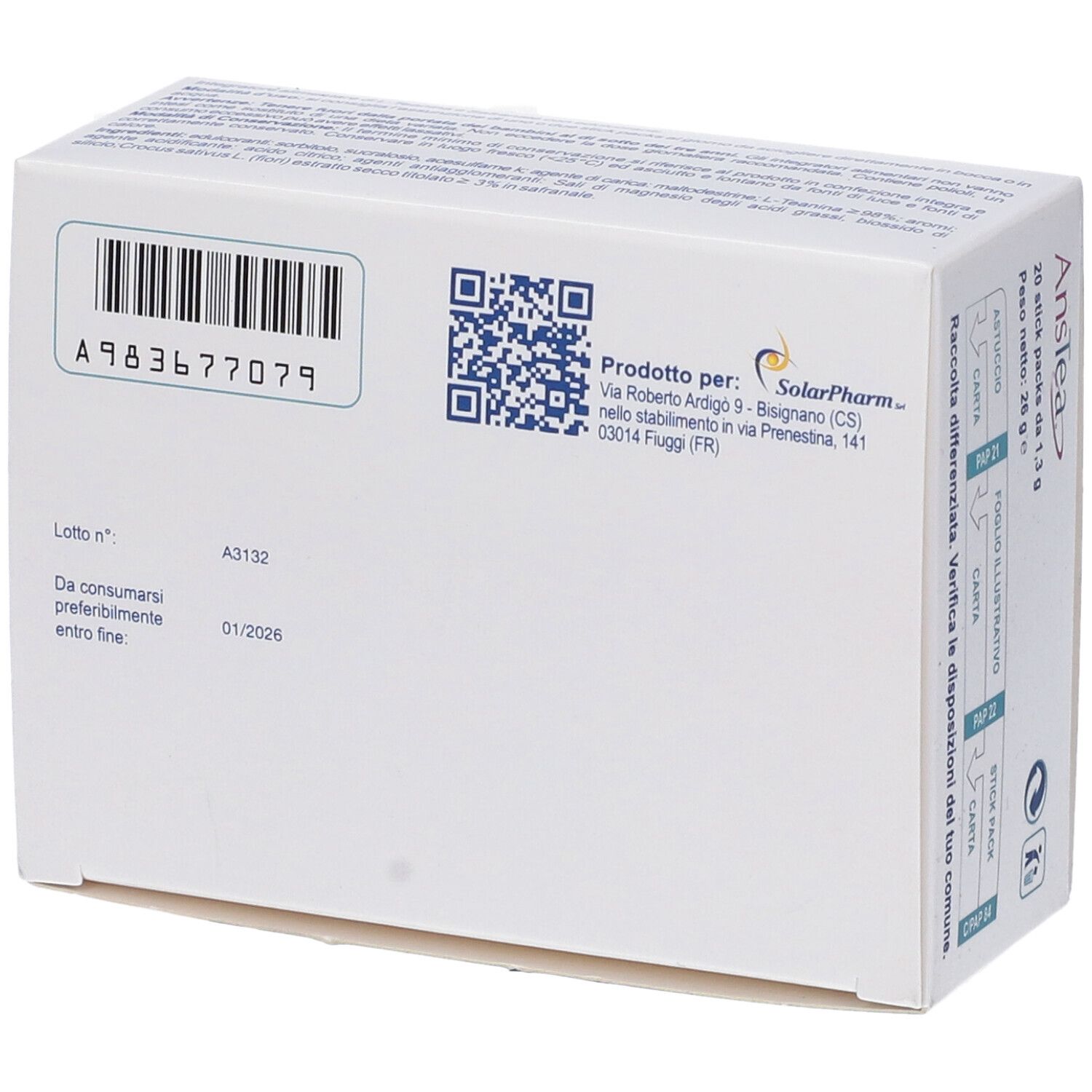 Retro della confezione "Anstea". Contiene codice QR, numero di lotto, data di scadenza e informazioni del produttore.