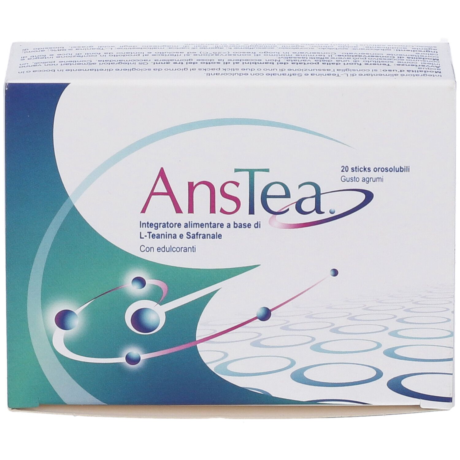 Scatola "Anstea" con 20 stick orosolubili. Contiene L-Teanina e Zafferano. Gusto agrumi. Logo e testo.