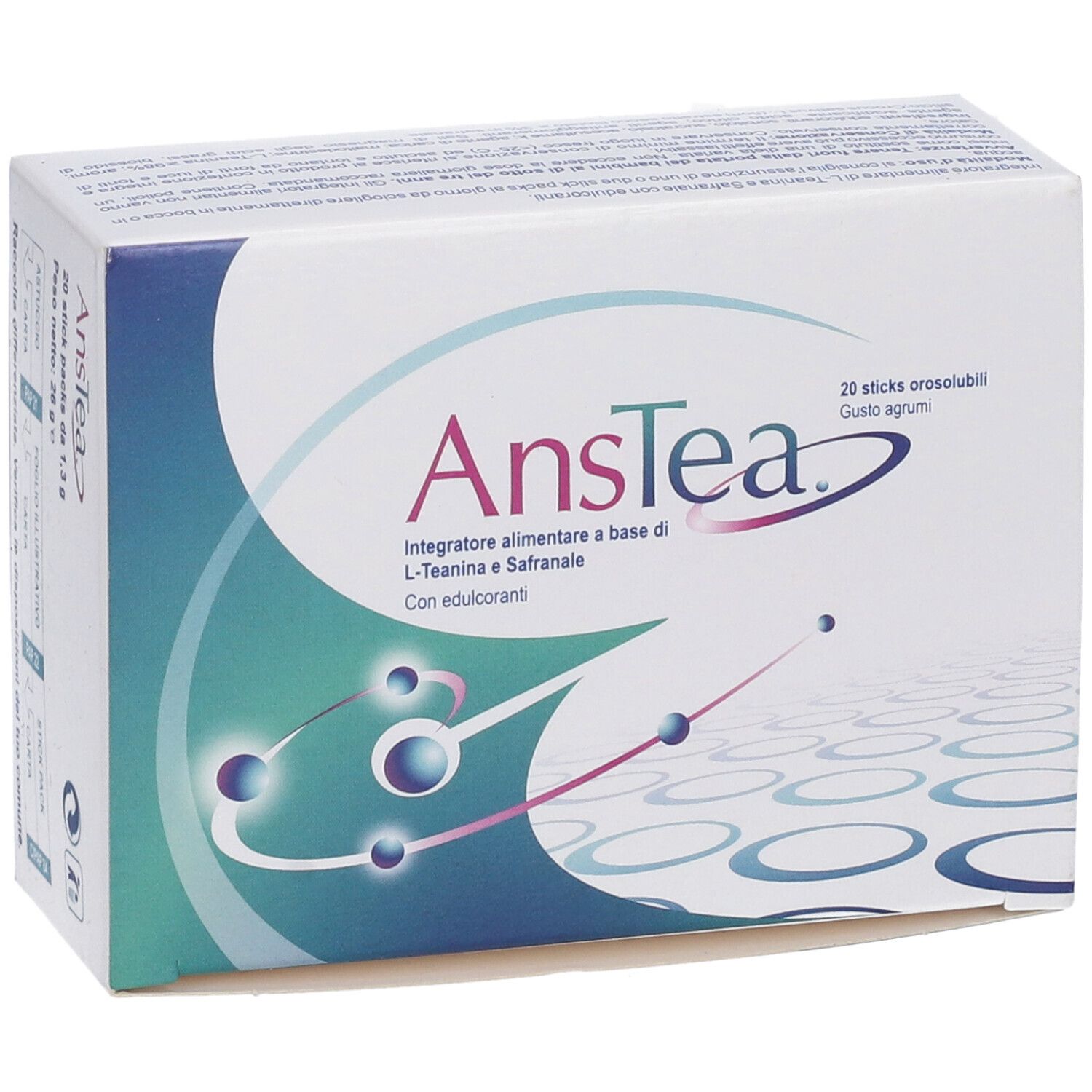 Scatola "Anstea" con 20 stick orosolubili. Contiene L-Teanina e Zafferano. Gusto agrumi. Logo e testo.