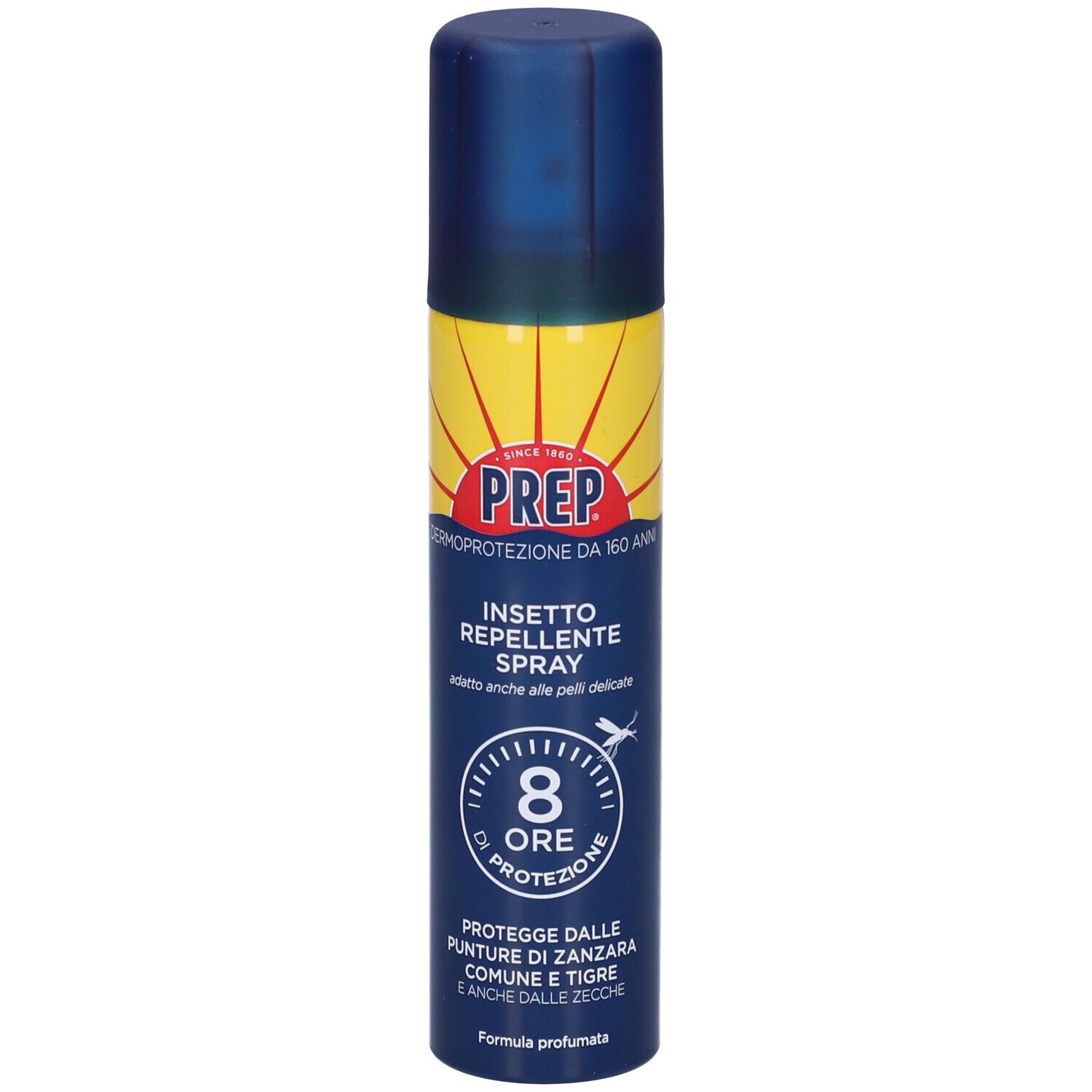 Bomboletta spray blu e gialla. PREP Insetto Repellente Spray. Protezione 8 ore. Protegge dalle punture di zanzare.