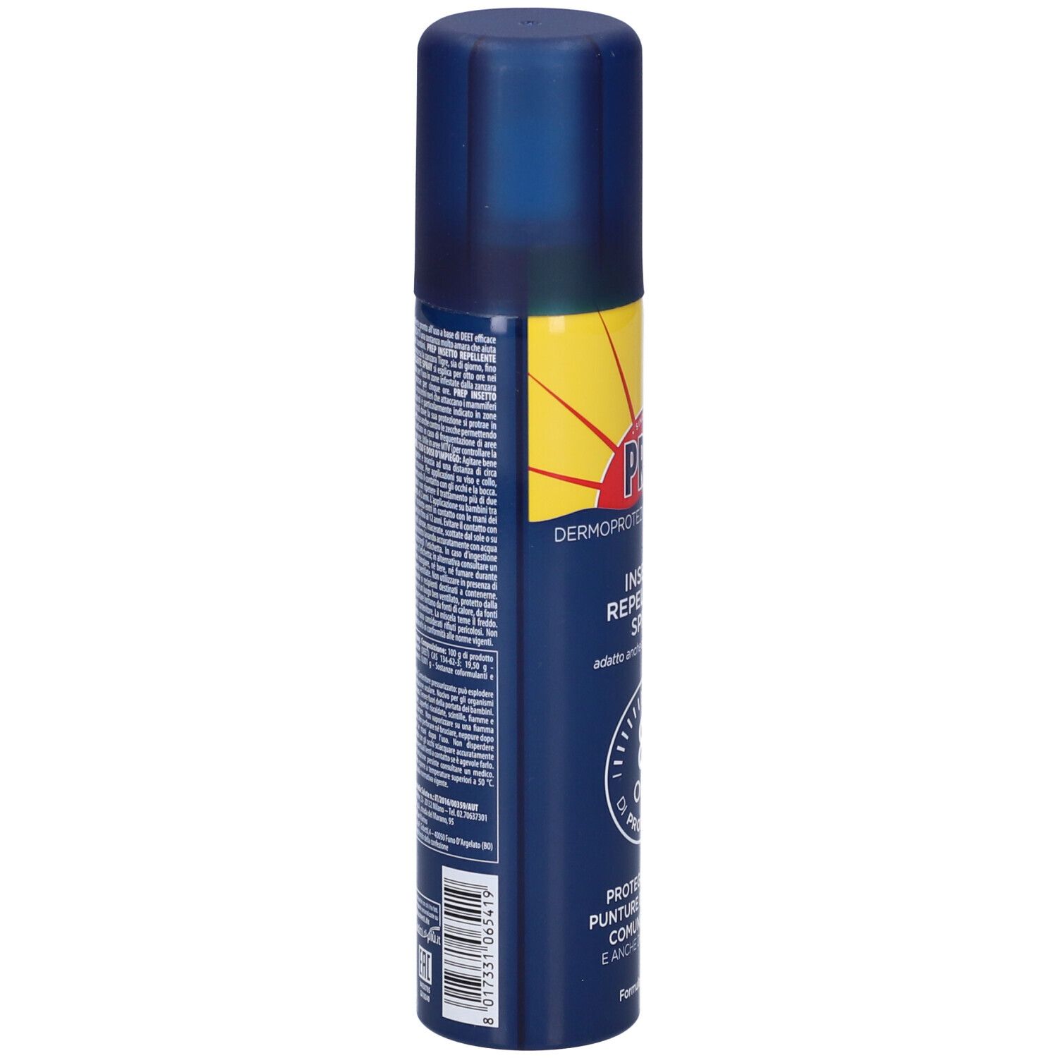 Bomboletta spray blu con testo. PREP Insetto Repellente Spray. Protegge dalle punture di zanzare. Testo in italiano.