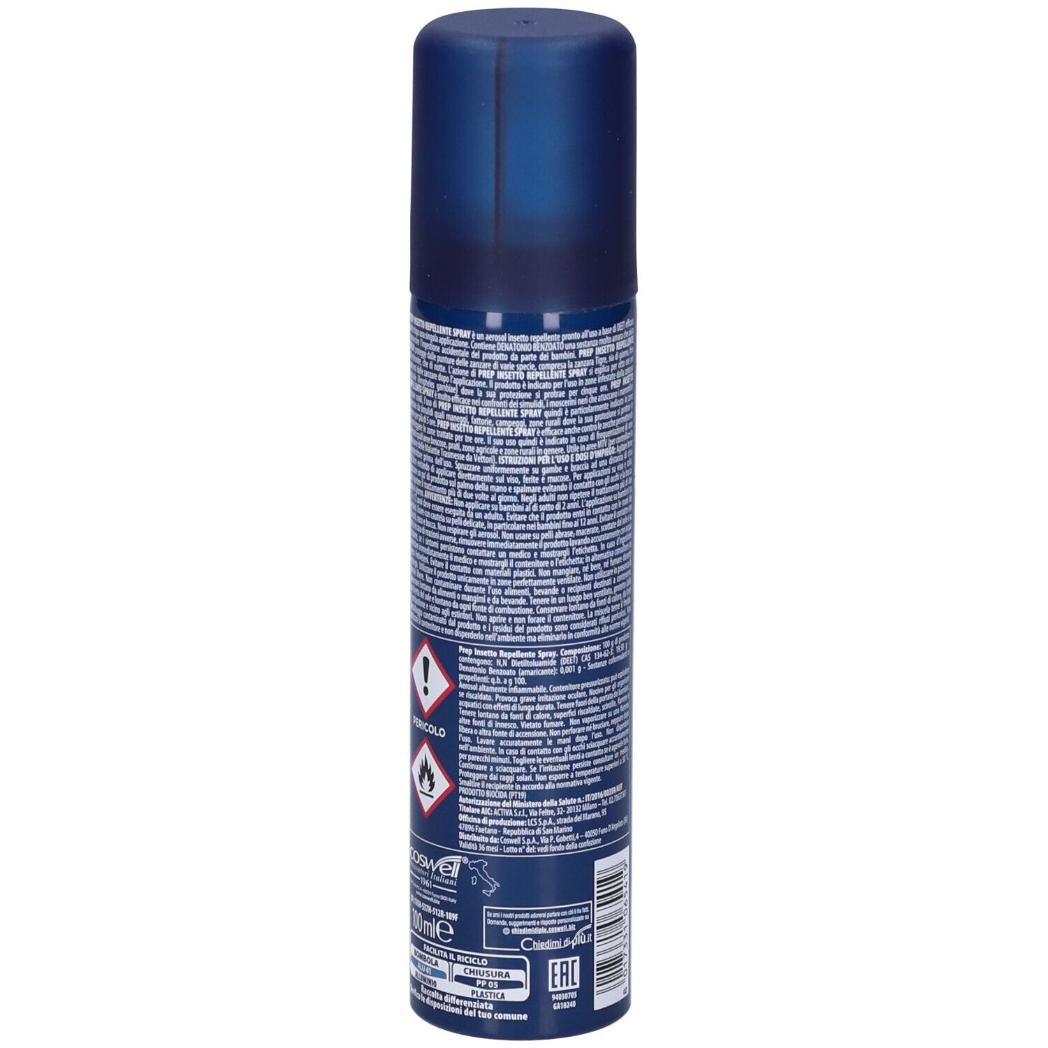 Bomboletta spray blu con testo e simboli. Testo in italiano. Simboli di pericolo.