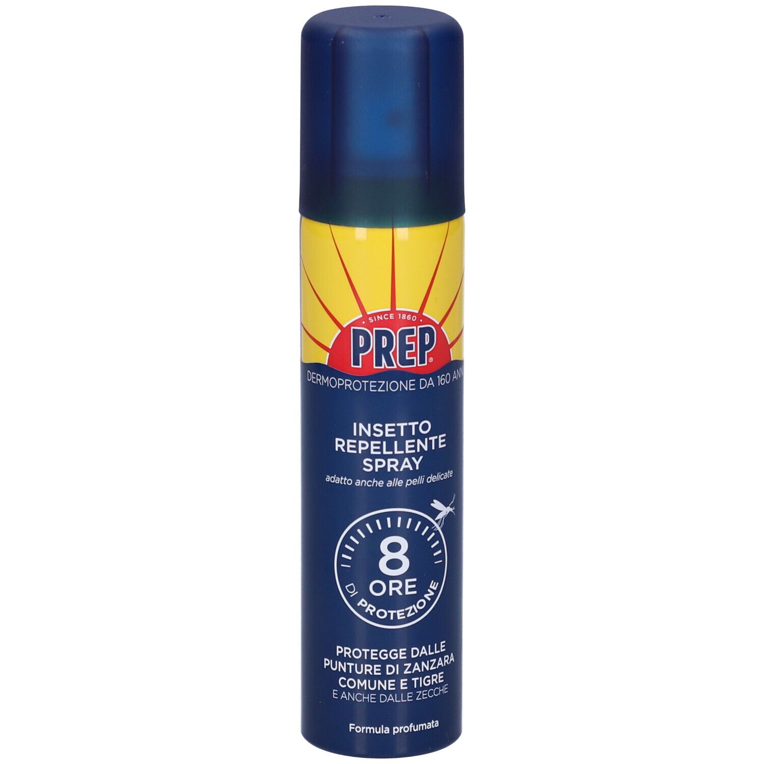Bomboletta spray blu e gialla. PREP Insetto Repellente Spray. Protezione 8 ore. Protegge dalle punture di zanzare.