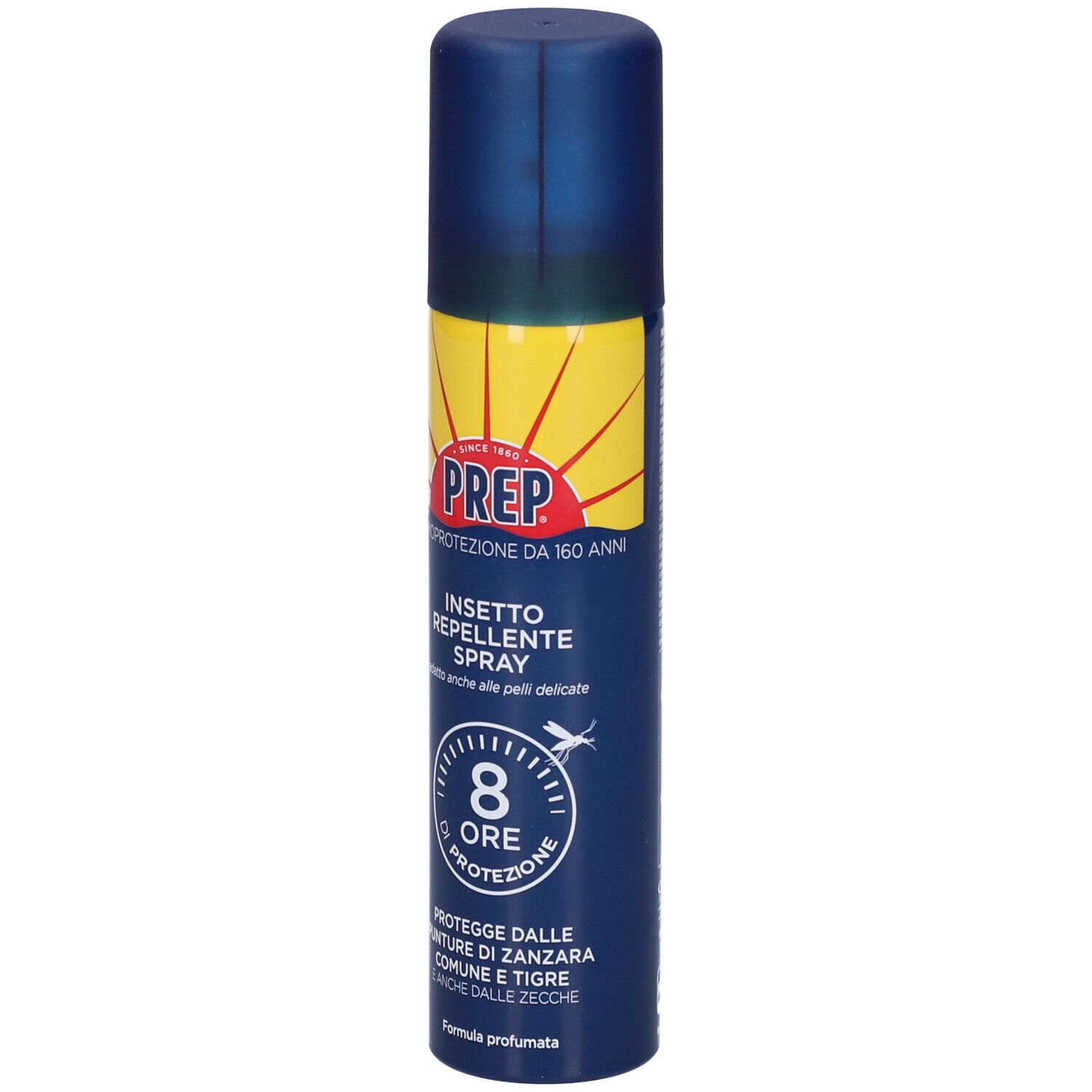 Bomboletta spray blu e gialla. PREP Insetto Repellente Spray. Protezione 8 ore. Protegge dalle punture di zanzare.