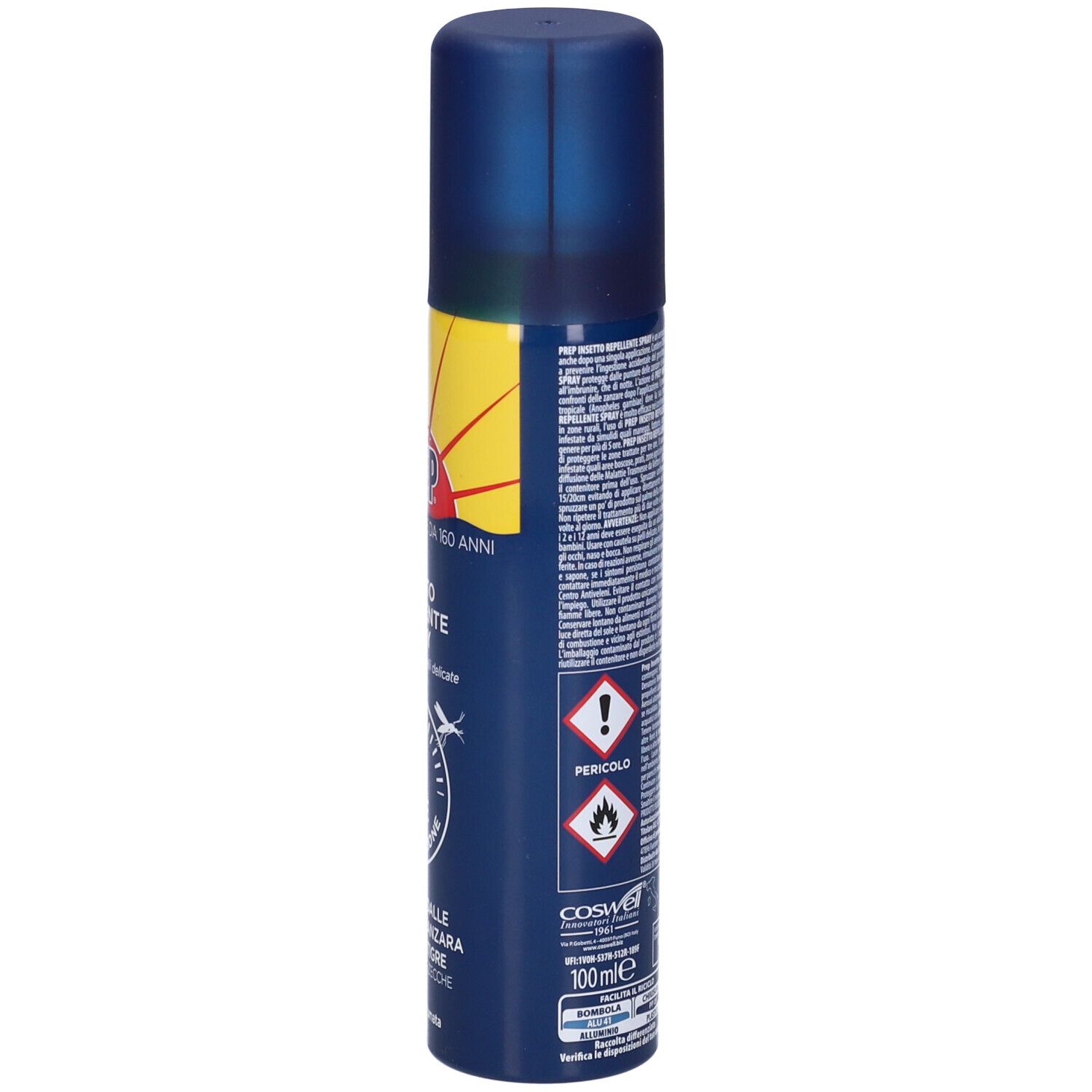 Bomboletta spray blu con testo e simboli. PREP Insetto Repellente Spray. Simboli di pericolo. 100ml.