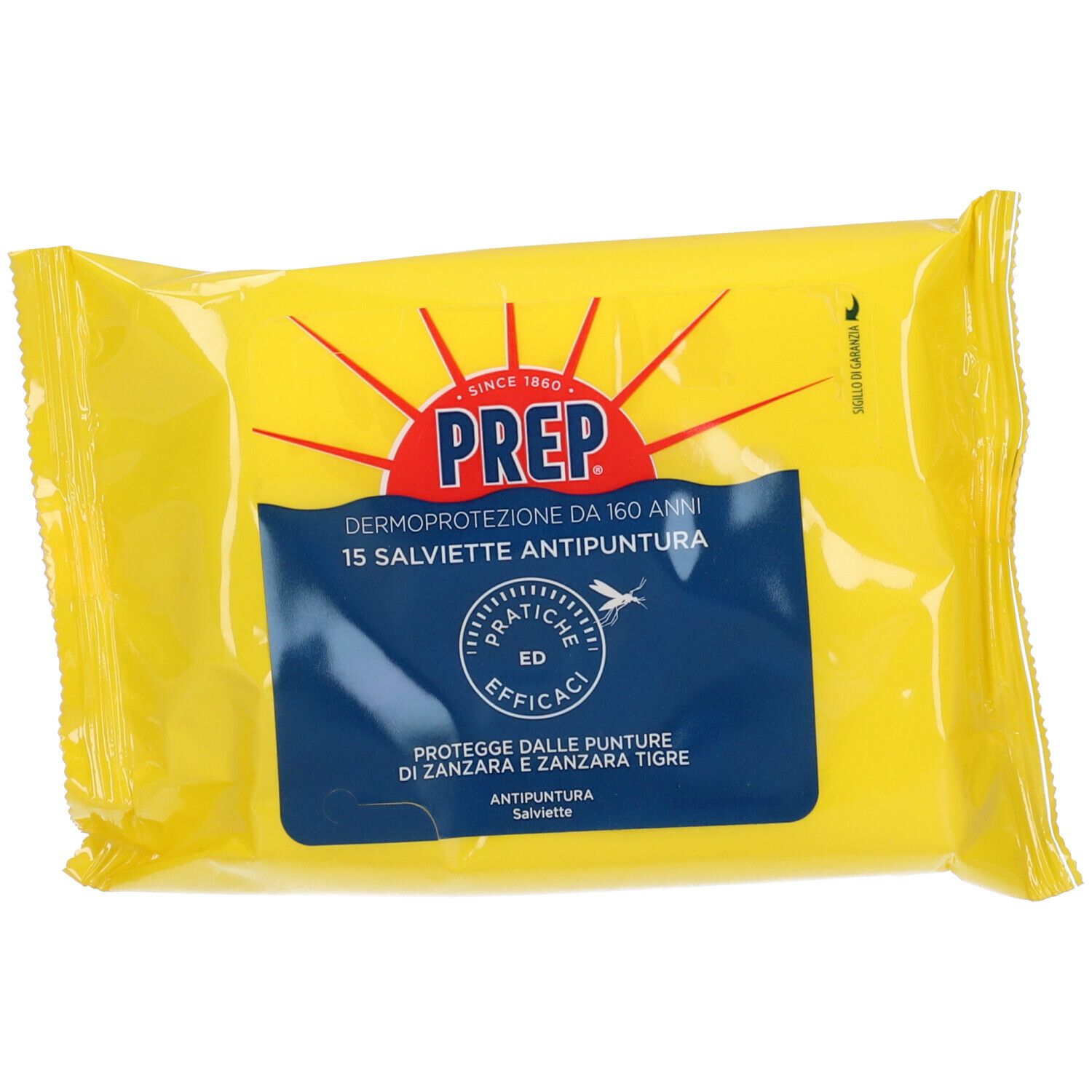 Confezione gialla PREP. 15 salviette anti-puntura. Logo e testo blu. Protezione zanzare.