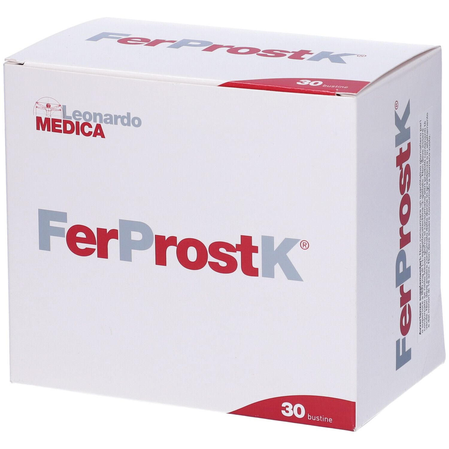 Weiße Schachtel mit rotem und grauem Schriftzug FerProstK und Logo Leonardo Medica. 30 Beutel.