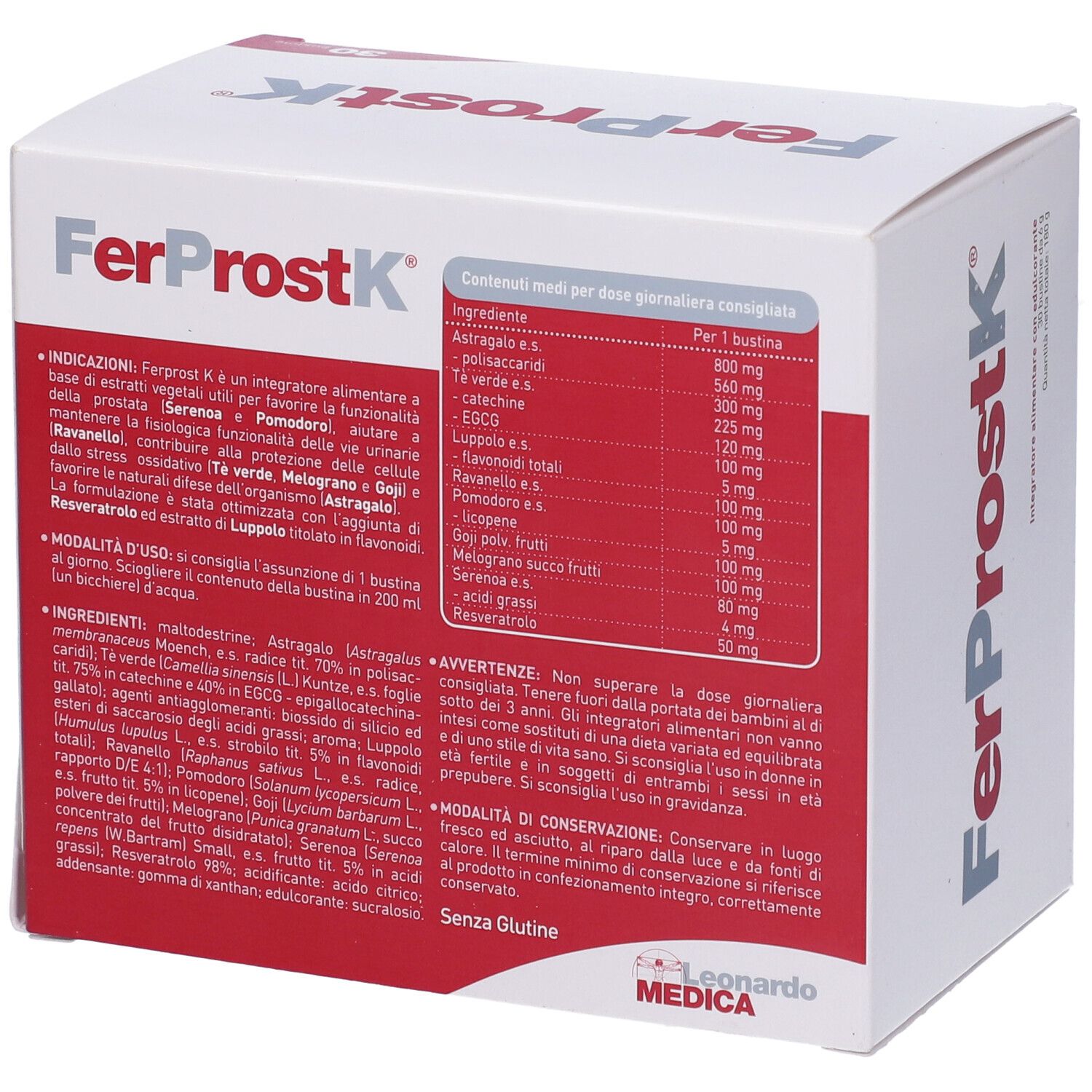 Weiße Schachtel mit rotem und grauem Schriftzug FerProstK und Logo Leonardo Medica. Enthält Informationen und Inhaltsstoffe.