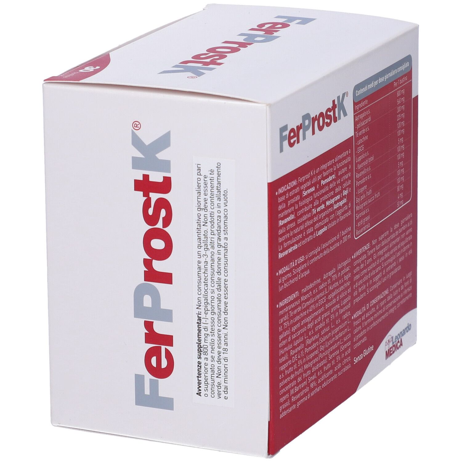 Weiße Schachtel mit rotem und grauem Schriftzug FerProstK und Logo Leonardo Medica. Enthält Informationen und Inhaltsstoffe.