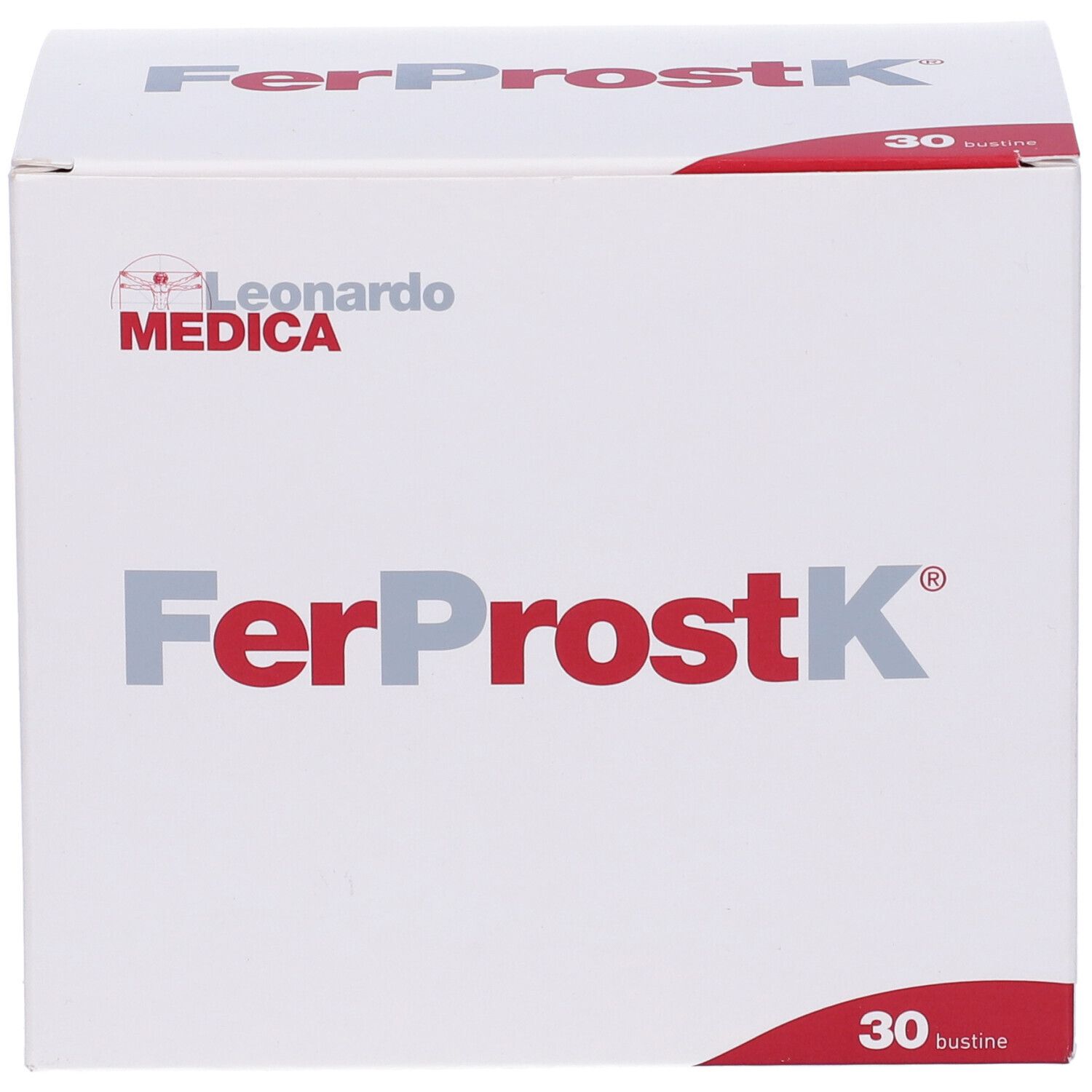 Weiße Schachtel mit rotem und grauem Schriftzug FerProstK und Logo Leonardo Medica. 30 Beutel.