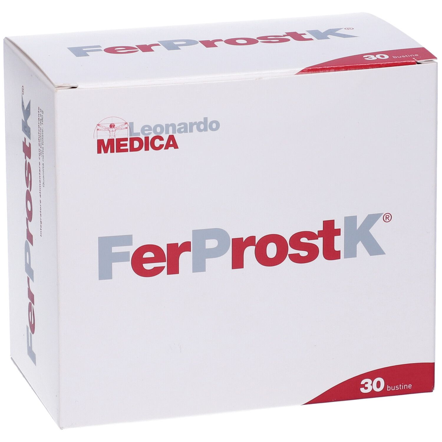 Weiße Schachtel mit rotem und grauem Schriftzug FerProstK und Logo Leonardo Medica. 30 Beutel.
