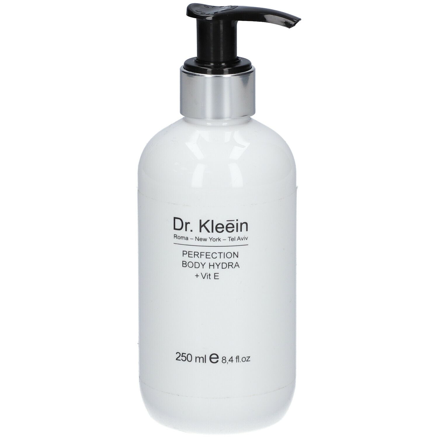 Flacone bianco con erogatore nero. Scritta: Dr. Kleein, PERFECTION BODY HYDRA + Vit E. Volume: 250 ml.