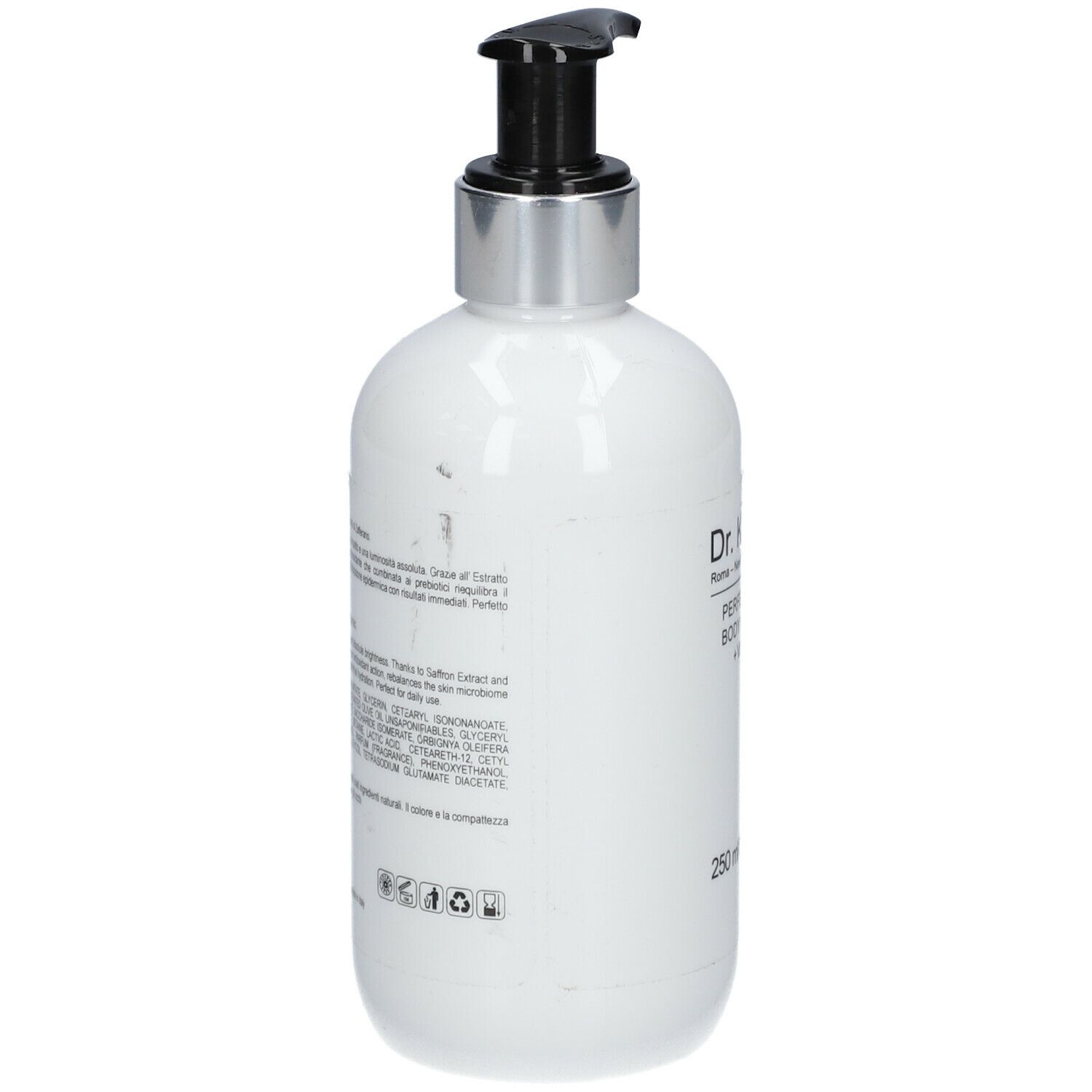 Flacone bianco con erogatore nero. Scritta: Dr. Kleein, PERFECTION BODY HYDRA + Vit E. Retro con testo.