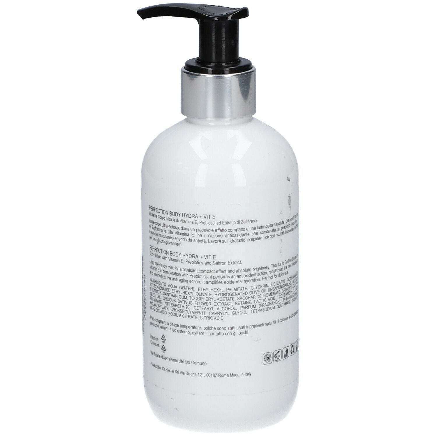 Flacone bianco con erogatore nero. Scritta: Dr. Kleein, PERFECTION BODY HYDRA + Vit E. Retro con testo.