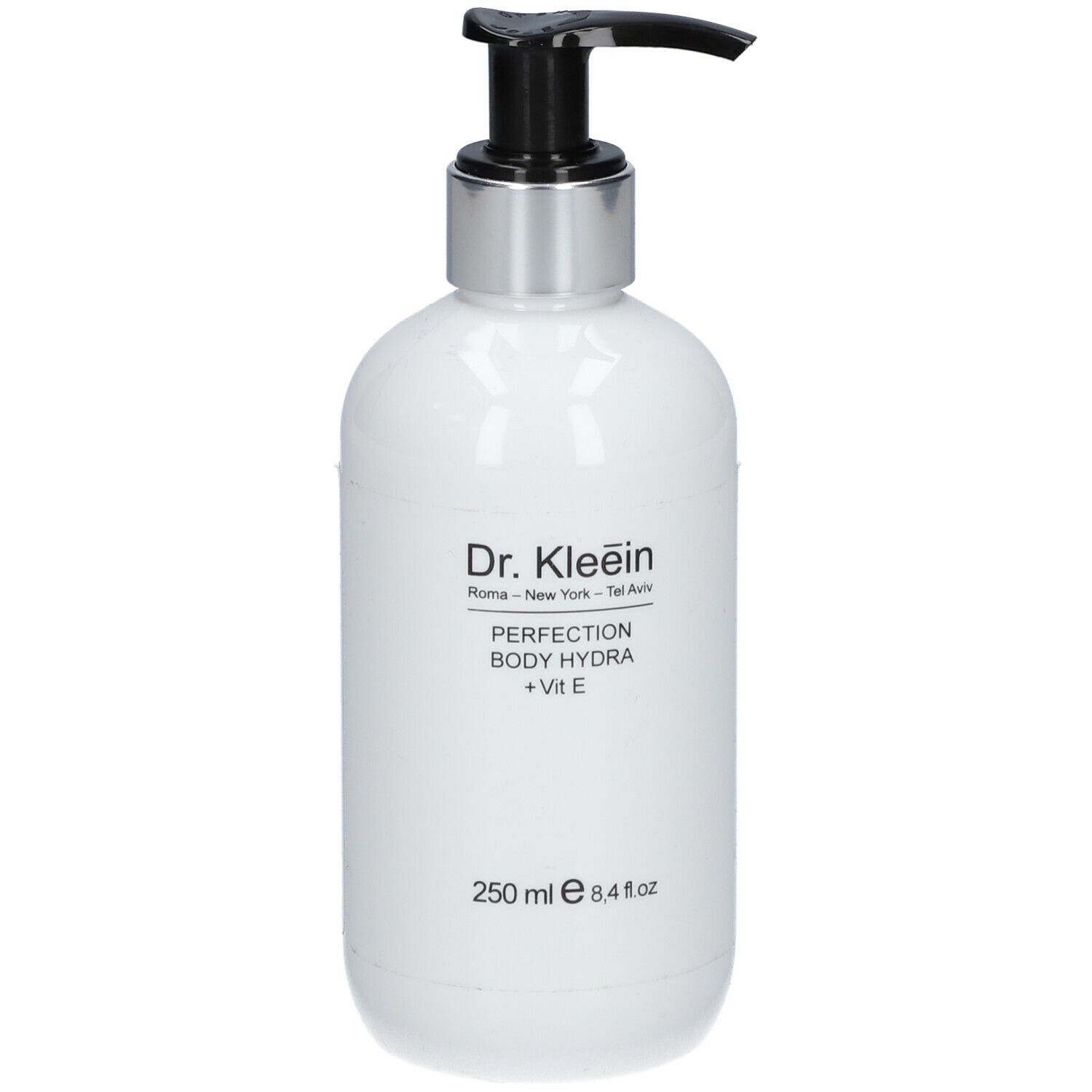 Flacone bianco con erogatore nero. Scritta: Dr. Kleein, PERFECTION BODY HYDRA + Vit E. Volume: 250 ml.